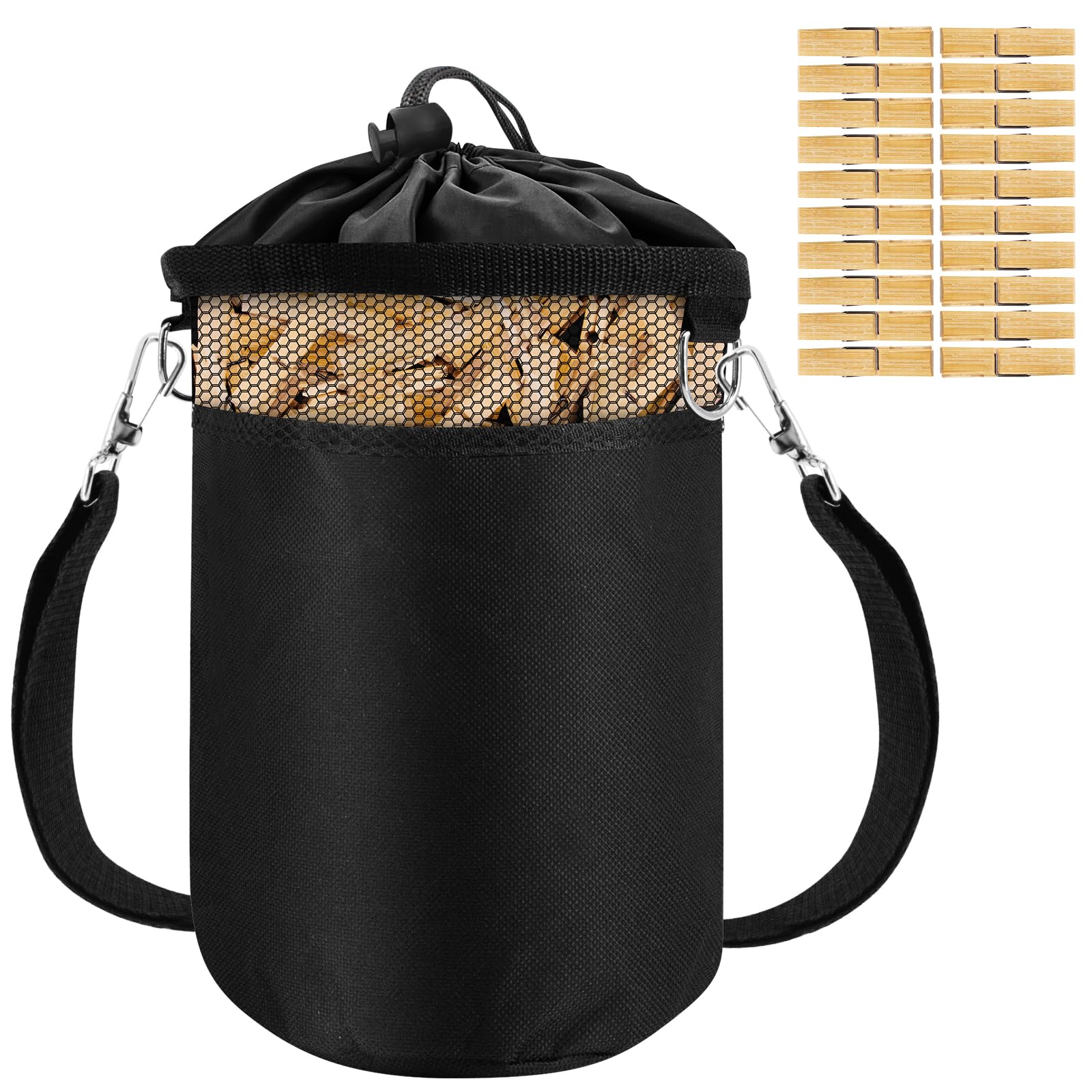 BORISCA Peg Bag for Washing Line with 20PCS Wooden Pegs, Waterproof Clothes Peg Bag with Shoulder Strap and Closing Cord Indoor Outdoor Pegs Organizer Storage Use