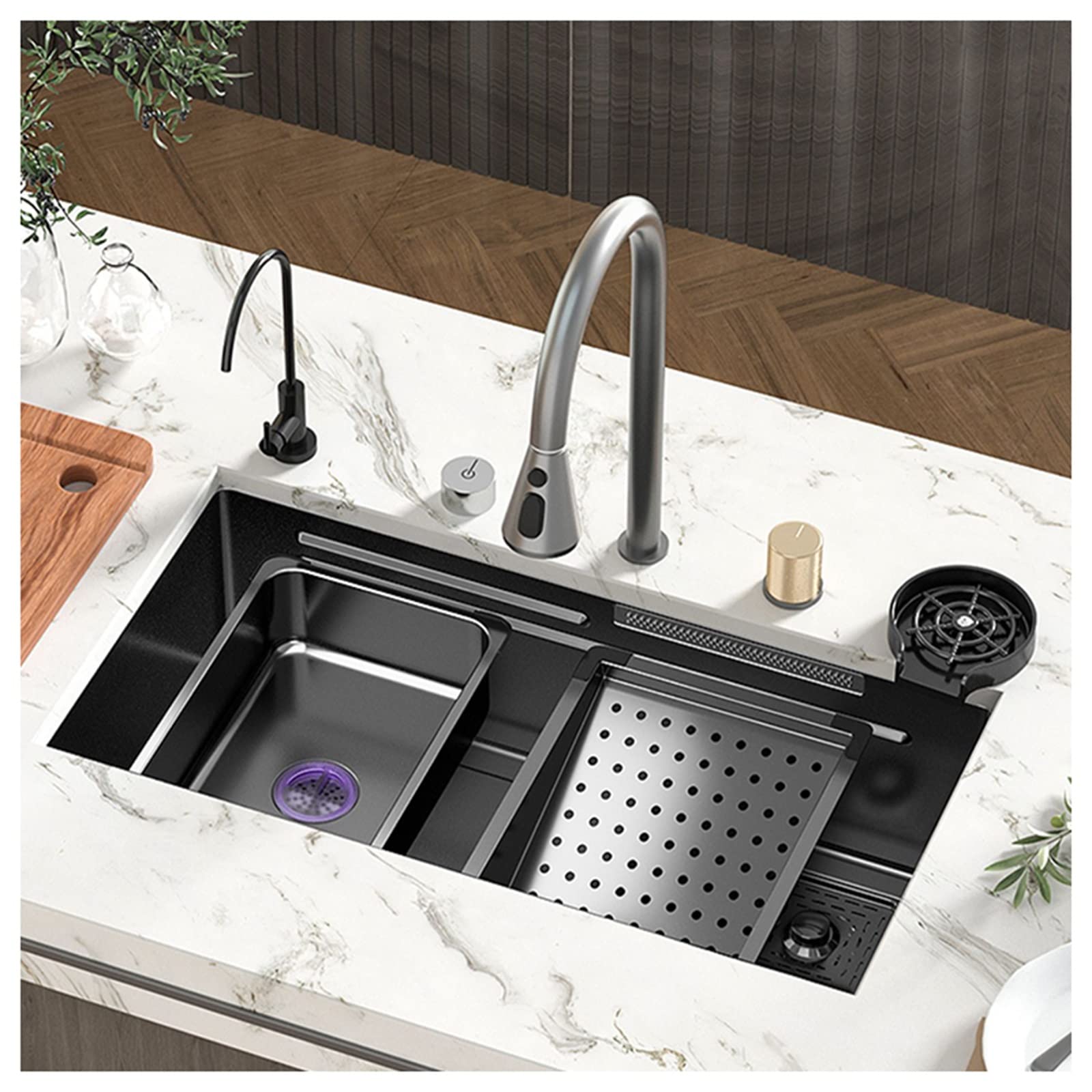 SDdPulse Stainless Steel Kitchen Sink Purification Raindance Waterfall Sink Faucet with Cup Washer, Various Installation Methods, A-68*46cm