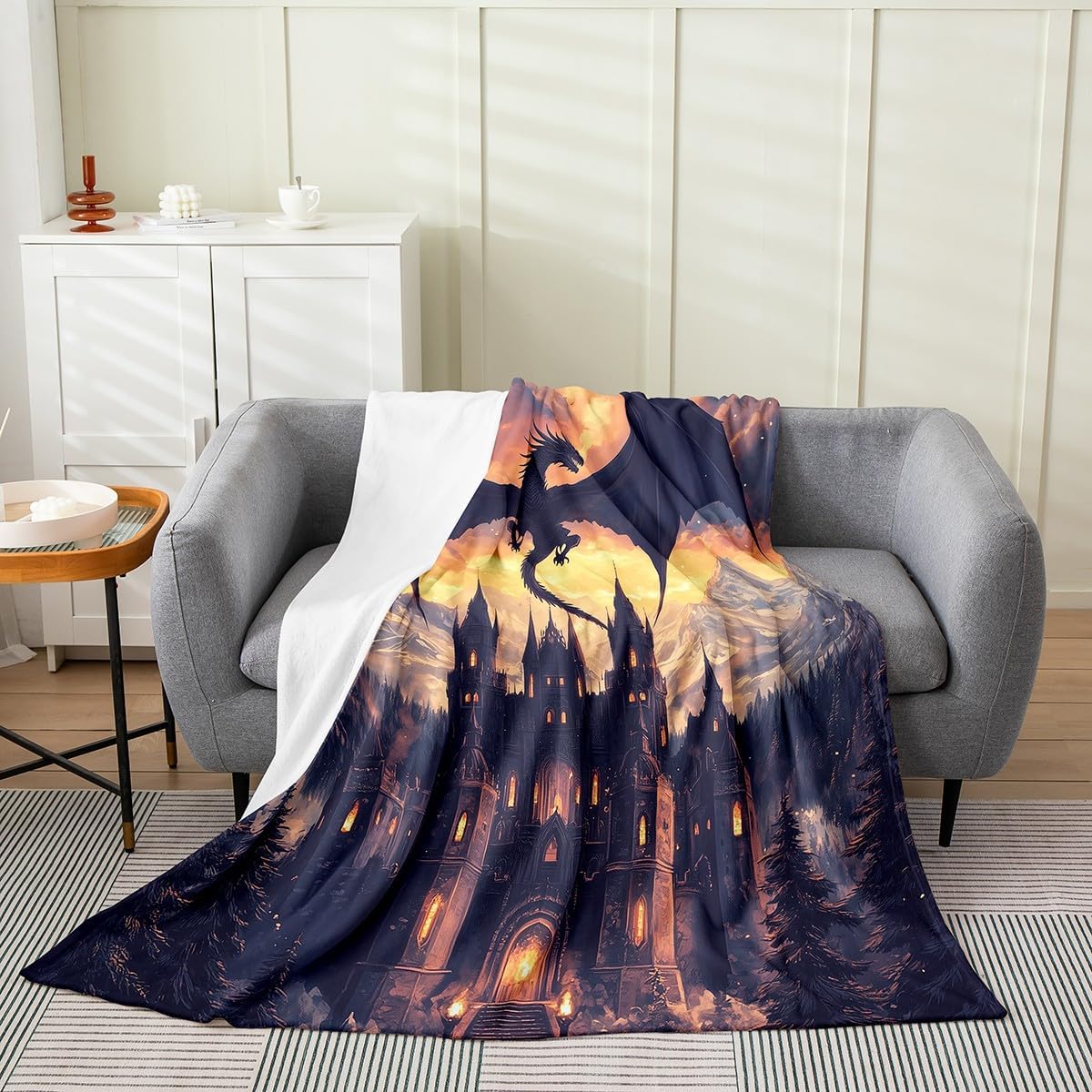 Castle Fairy Dragon Wolf Fleece Blanket 3D Western Wildlife Blanket for Kids Teens Present Magical Jungle Animal Throw Blanket Mysterious Moon Night Queen 90x90 Inch Living Room Decor Flannel Blanket