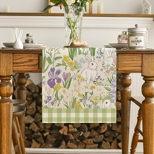 Miniatura 2 de Artoid Mode Camino de mesa de Pascua con hojas florales de conejos, patos, decoración de mesa de comedor de primavera para decoración de fiesta en