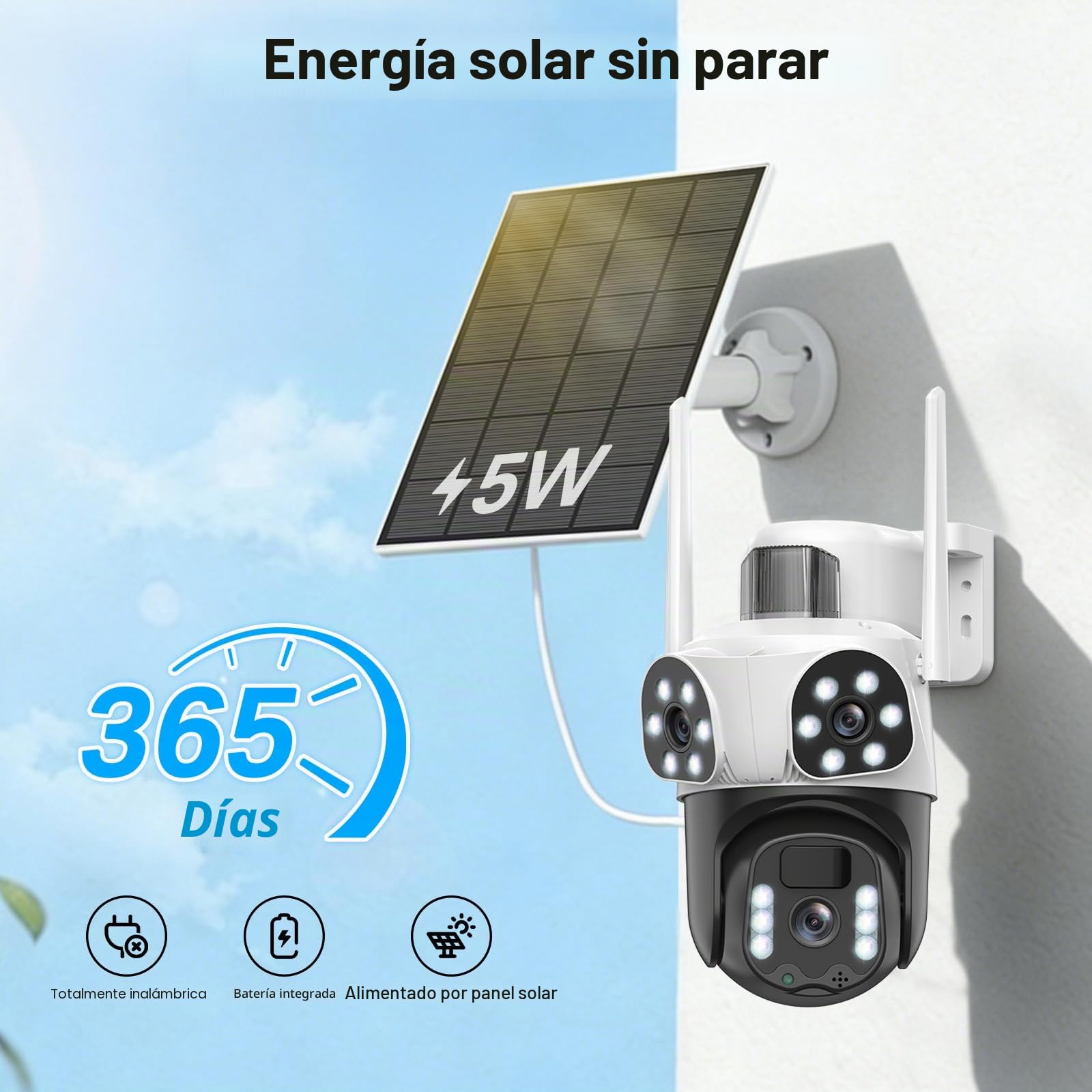 4K Triple Lente Camara Vigilancia WiFi Exterior con Panel Solar, 360°PTZ,Detección Humana PIR,Visión Nocturna en Color, Audio Bidireccional, Seguimiento Automático,Sirena,IP66,2.4G/5GHz,IP66