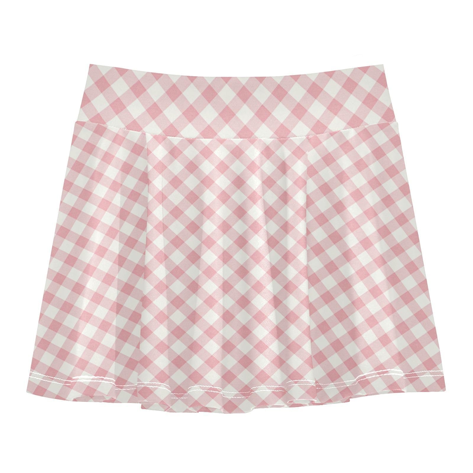 Gingham Plaid Flowy Tennis Skirts for Girls with Built-in Shorts Kids Pleated Skirt with Pockets Little Girls Golf Skirt Blush Pink
