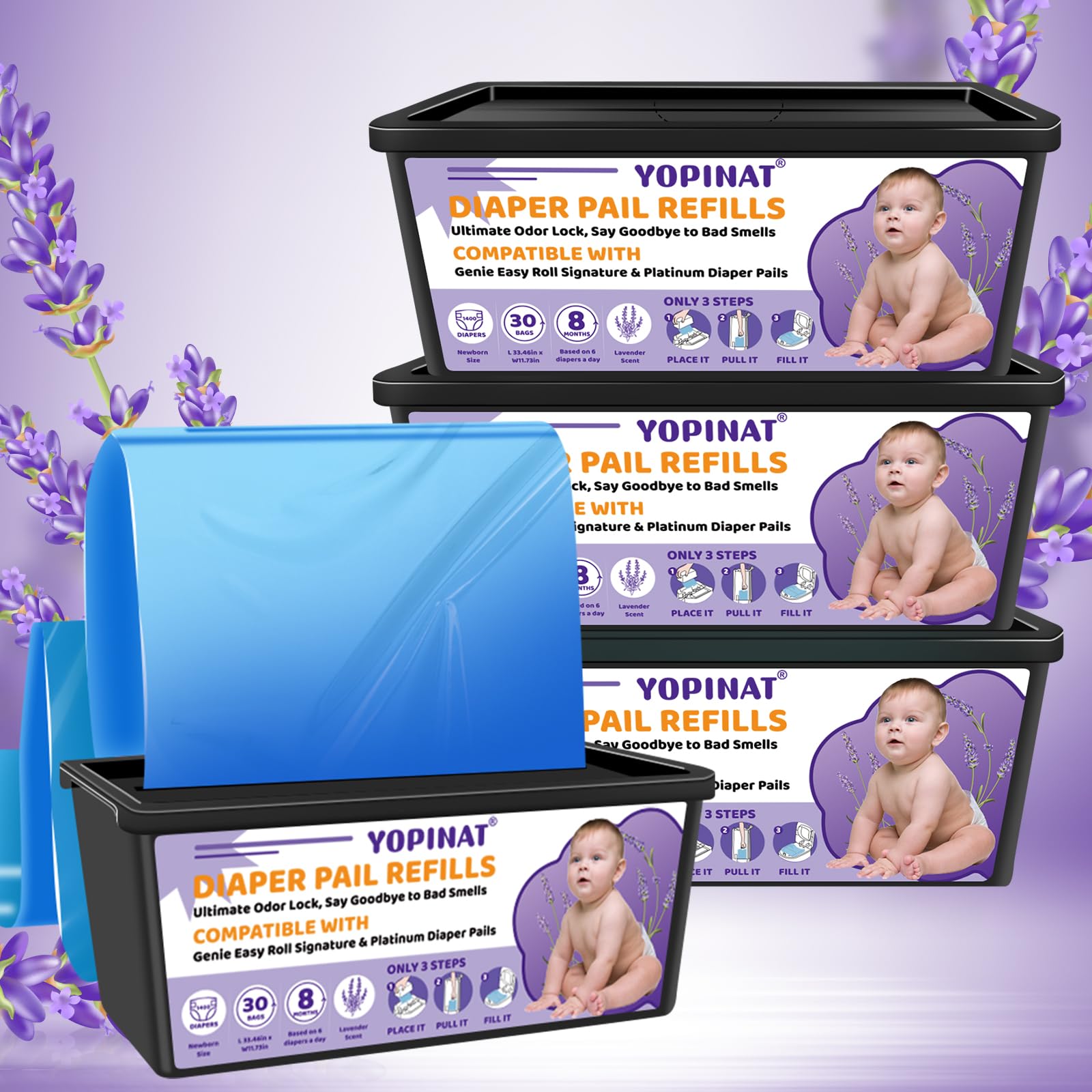 Diaper Easy Roll Refill Bags 2 Pack | 60 Lavender Scented Diaper Pail Refills | Holds Up to 2800 Newborn Diapers | Superior Odor Control | Compatible with Genie Easy Roll Signature & Platinum Pails