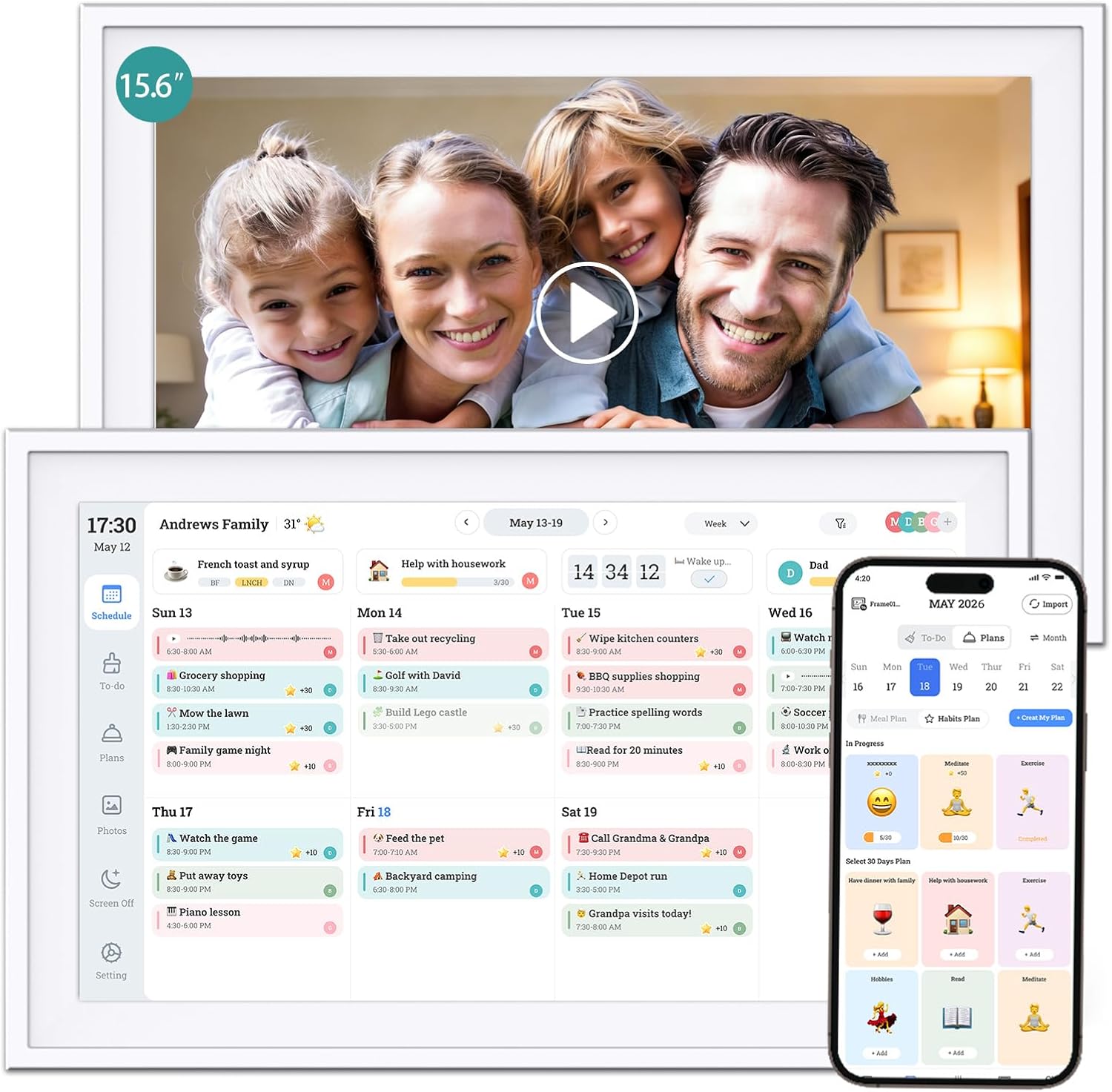 Ascrecem Digital Calendar 15.6 inch Smart Electronic Calendar for Family Chore Chart Cooking Plan HD Touchscreen with Digital Picture Frame Function Instantly Share Photos and Videos