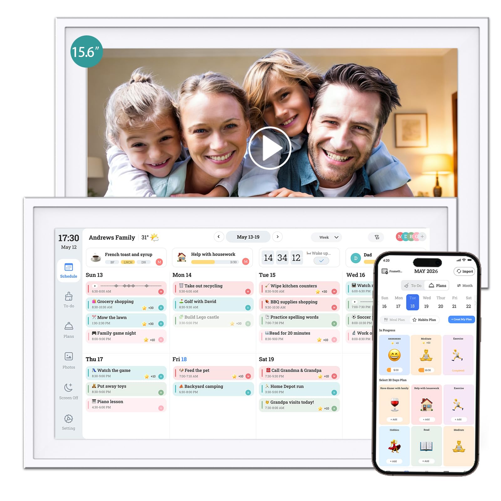 Ascrecem Digitaler Kalender, 15,6 Zoll, intelligenter elektronischer Kalender für die Familienarbeit, Diagramm, Kochplan, HD-Touchscreen mit digitaler Bilderrahmen-Funktion, sofortiges Teilen von