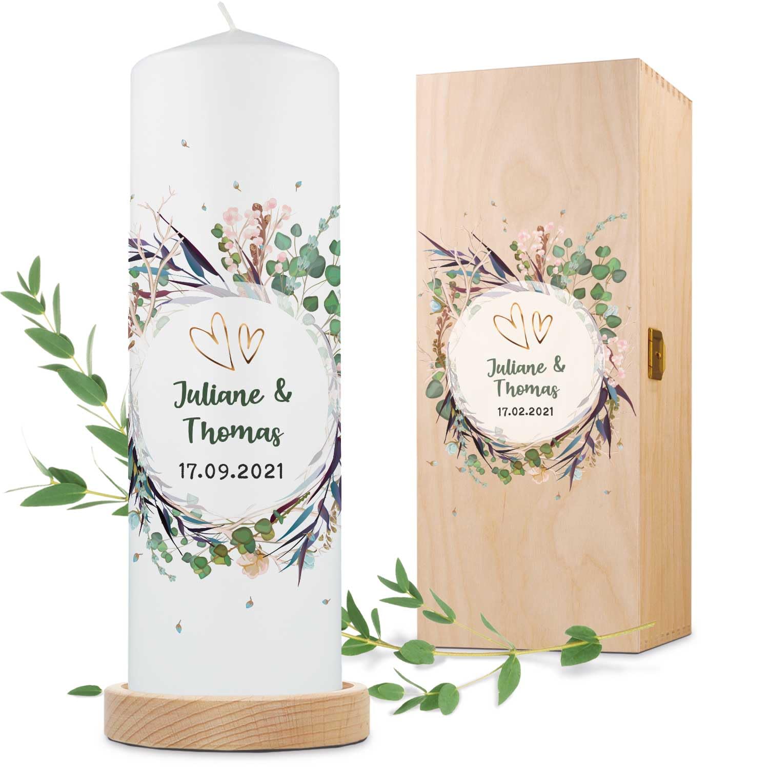 GRAVURZEILE Vela impresa – Diseño de flores – Personalizada con nombre, fecha y texto deseado, regalo de boda a los recién casados, vela de boda, 8 cm x 25 cm (diámetro/altura), color blanco