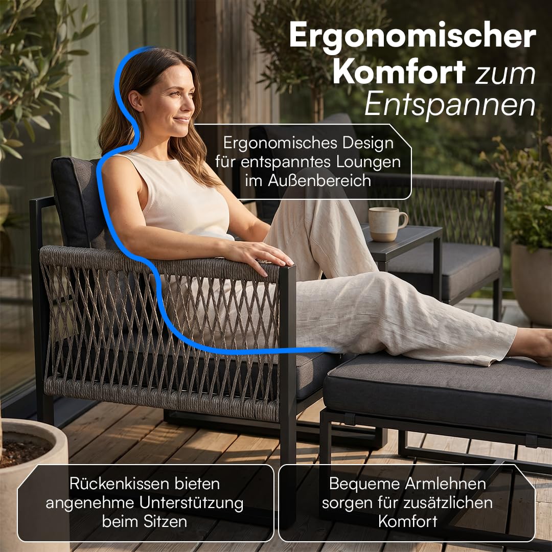 STEELSØN Tyranis Gartenmöbel Set Outdoor 4-TLG inkl. Tisch mit Ablage & Hocker – multifunktionales Balkonmöbel Set mit 6 Kissen – Sitzgarnitur Sessel für 4 Personen – dick gepolstert – Metall schwarz