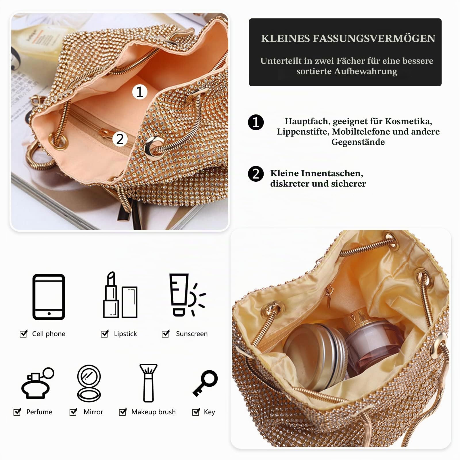 CORIOS Damen Abendtasche Shiny Strass Handtasche Strasssteine Bucket Bag Diamant Clutch Bag Glitzer Umhängetasche Klein Tasche Schultertasche für Hochzeit Bankett-Party Abschlussball Silber