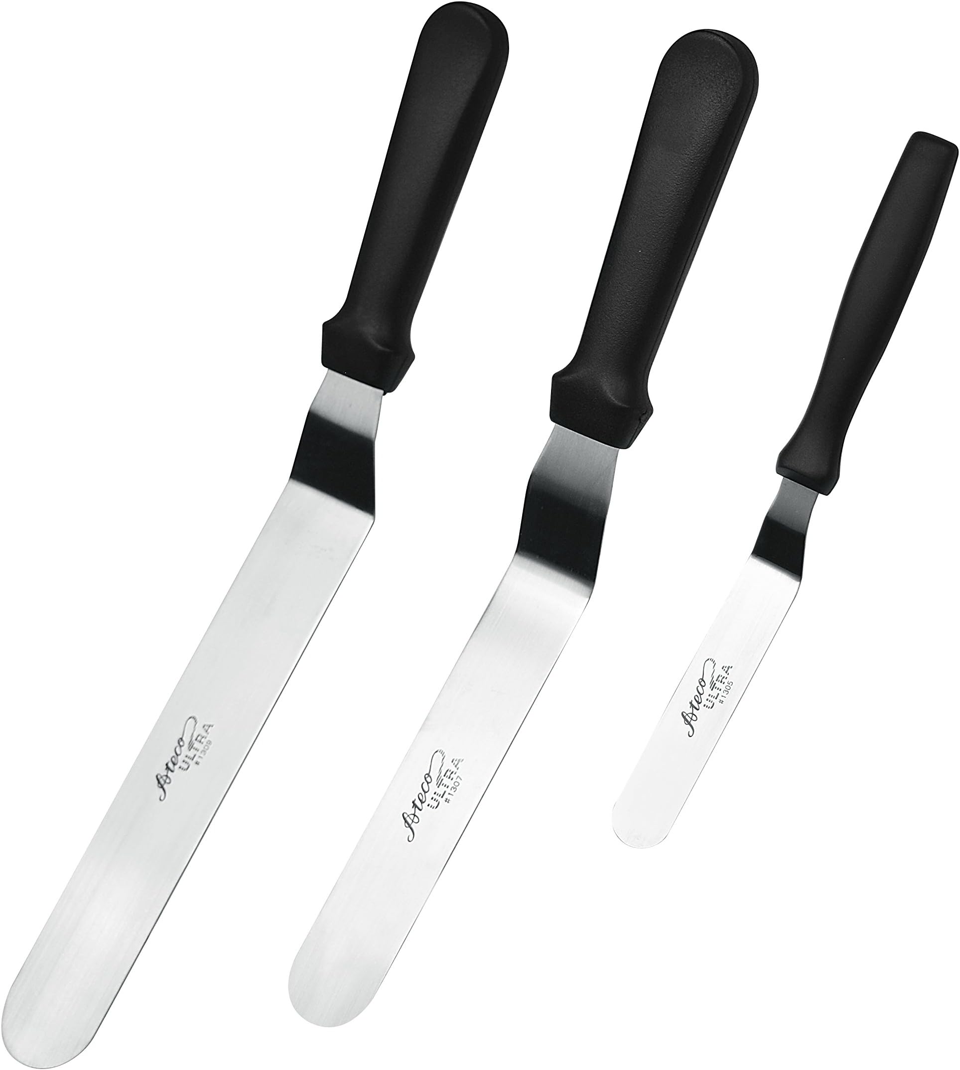 Ateco Ultra Offset Spatula 3 Piece Set; Top Sellers 1305 - 11cm, 1307 - 20cm, and 1309 - 25cm, Stainless Steel Blades