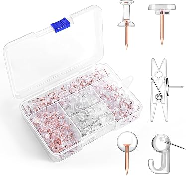 275pcs Clear Push Pins,5 Types Clear Thumb Tacks, Plastic Head Thumbtacks, Tacks, TACS, Push Pins for Bulletin Board, Wall, Cork Board, Shadow Box Accessories