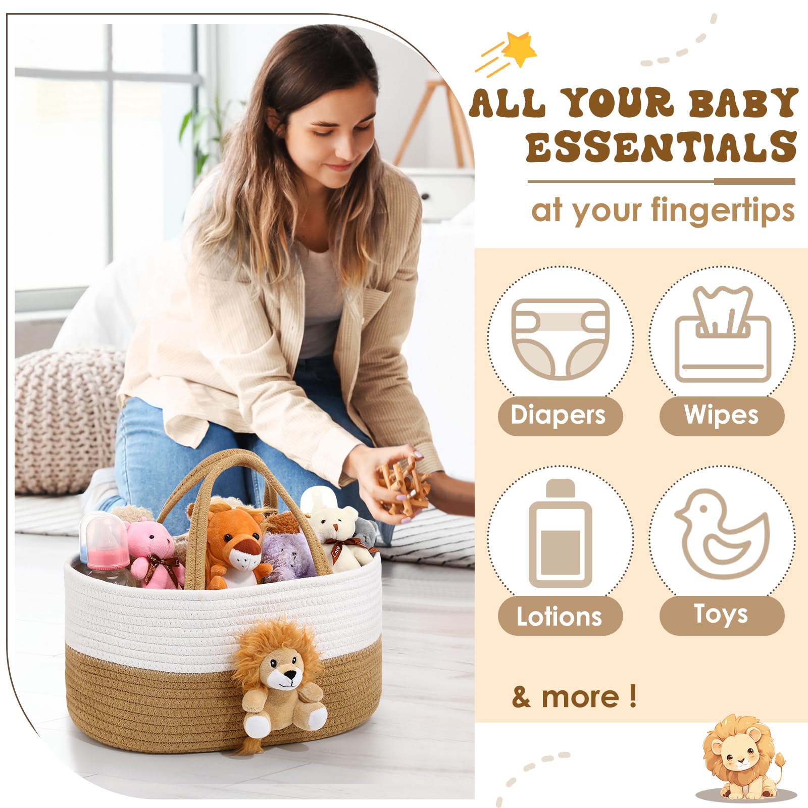 FoldTier Lion Baby-Wickeltasche, Organizer, Baumwollseil, Kinderzimmer, Aufbewahrungskorb, Babyparty, Geschenkkorb, tragbare Halterung, Tragetasche mit Griff für Wickeltisch, Auto, Reise, Geschenk für