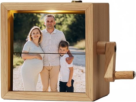 Custom Photo Flipbook Frame, Hand-Cranked Animation Box, Personalized Mechanical Picture Flipper, Flipbook Box with Light,Songs,Text,Engagement Christmas gift natural