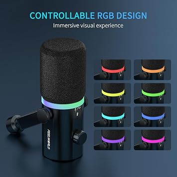 FEELWORLD PM1 XLR USB Dynamic Microphone with Boom Arm Stand Gifts for Podcast Recording PC Computer Gaming Live Streaming Vocal Voice-Over, Studio Metal Mic, RGB Light, Mute Button, Headphones Jack