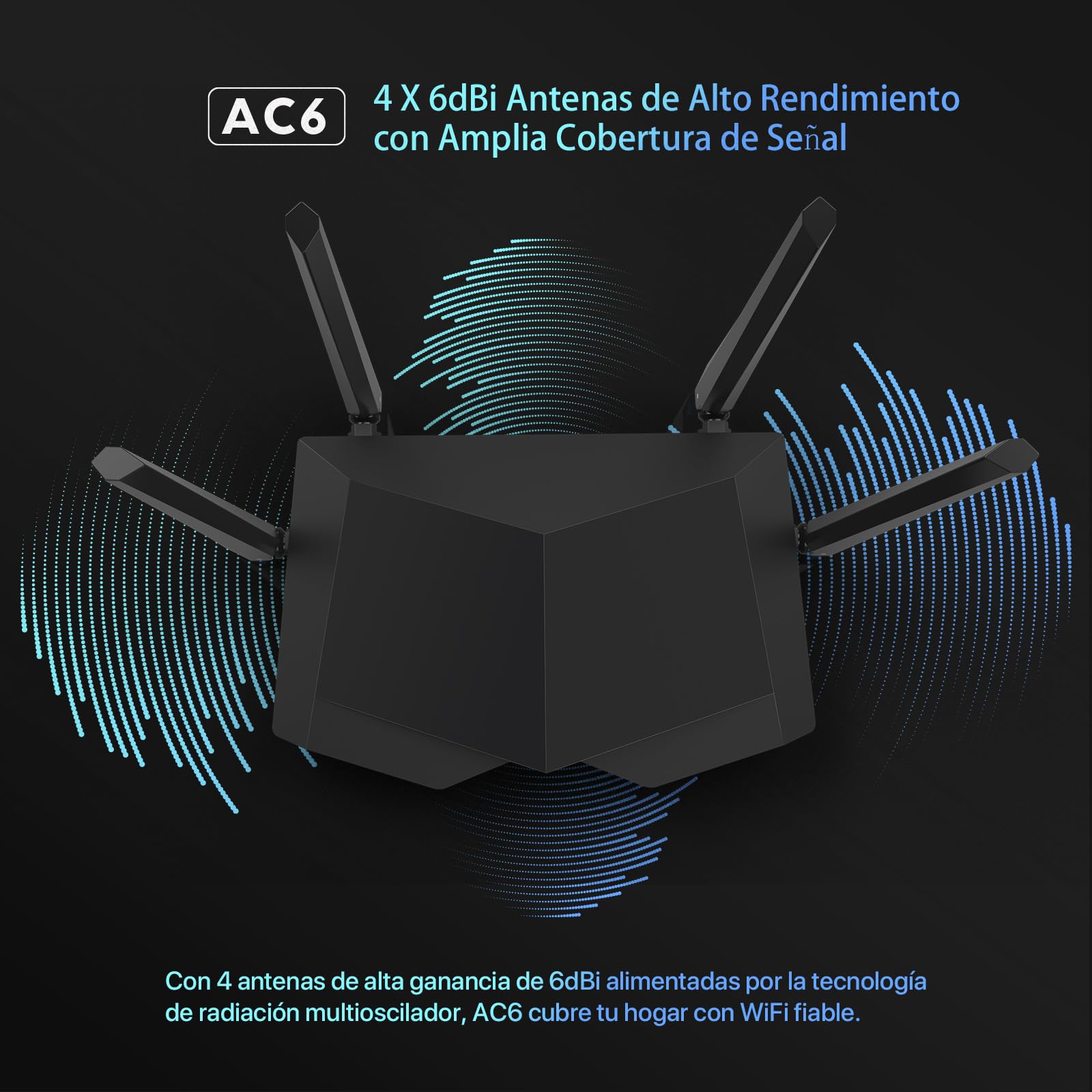 Tenda AC6 Router Inalámbrico Inteligente de Doble Banda (AC1200, 4 Puertos Megabit, WiFi Inteligente, Ahorro de Energía, 4x 5dBi HG Antenas), Color negro