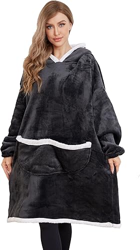 Lushforest Manta de gran tamaño con capucha, súper cálida y acogedora manta de forro polar Sherpa con capucha, manta de franela gruesa con mangas