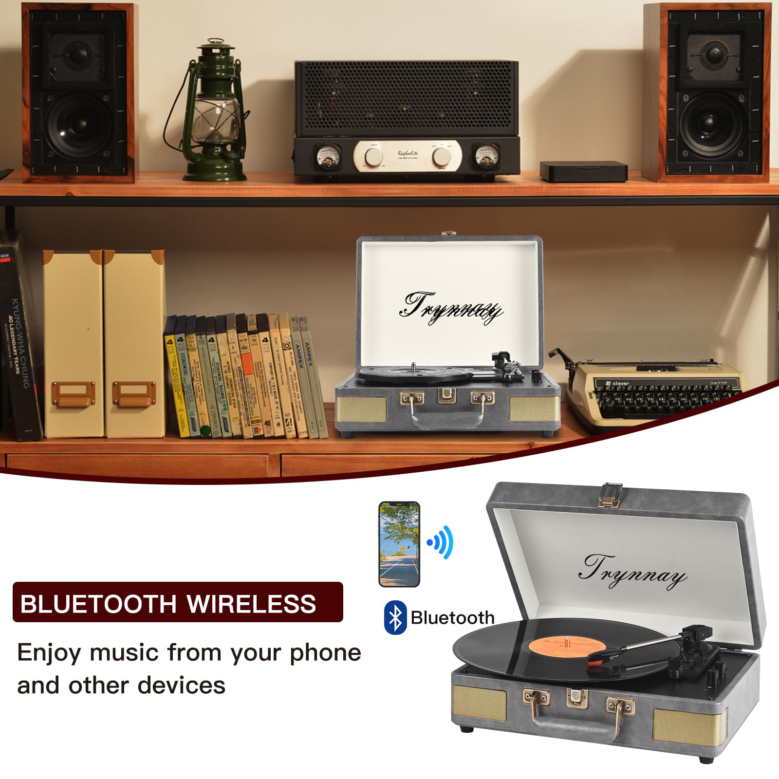 Trynnay Giradischi a 3 marce, lettore portatile in vinile con altoparlanti integrati, giradischi, audio migliorato, pelle PU, Retro Grey