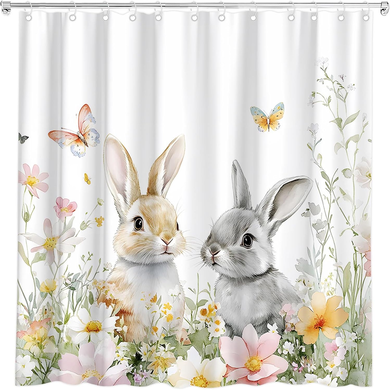 Spring Bunny Shower Curtain Easter Cute Rabbits Floral Plant Butterfly Watercolor Flower Rustic Wildflowers Wild Animal Bath Curtain Fabric Bathroom Accessories Decor with Hooks 70W x90L