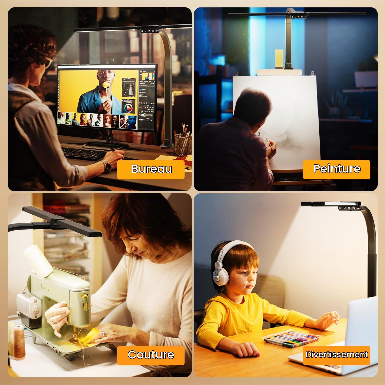 SIBRILLE Lampe de Bureau LED à Double Tête, 22W 80cm Lampe de Table à Clipser avec Télécommande, 5 Températures de Couleur&Luminosité Lanterne de Lecture Rotative pour Design,Lecture,Ecran
