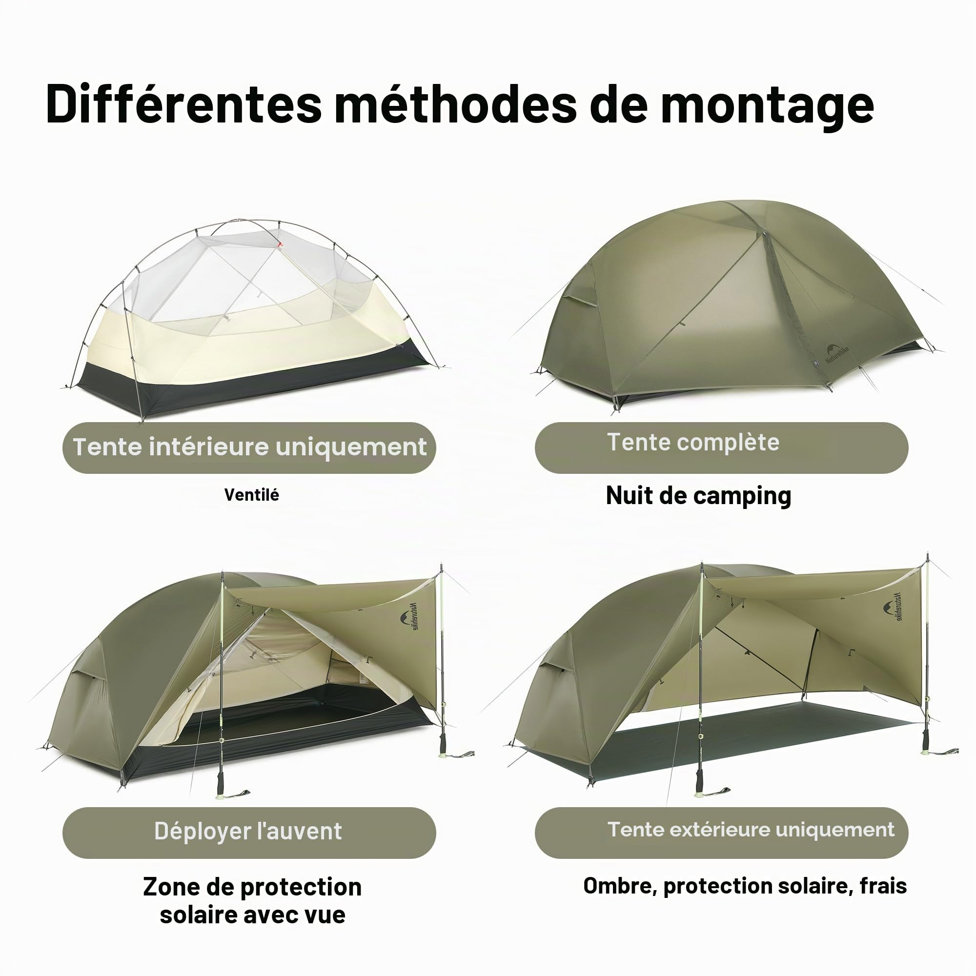 Naturehike Mongar PRO Tente ultra légère, 1,56 à 2,36 kg, imperméable, coupe-vent, pour 3 saisons, 1/2/3 personnes, avec toile d'extension et moustiquaire, pour randonnée, camping, extérieur