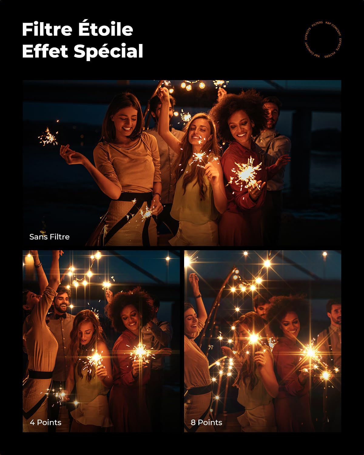 K&F CONCEPT Ø82mm Filtre Étoile 4/8 Points 2 en 1 Filtre Star Réglable Effets Spéciaux et Chiffon pour Objectif Appareil Photo (K Série)