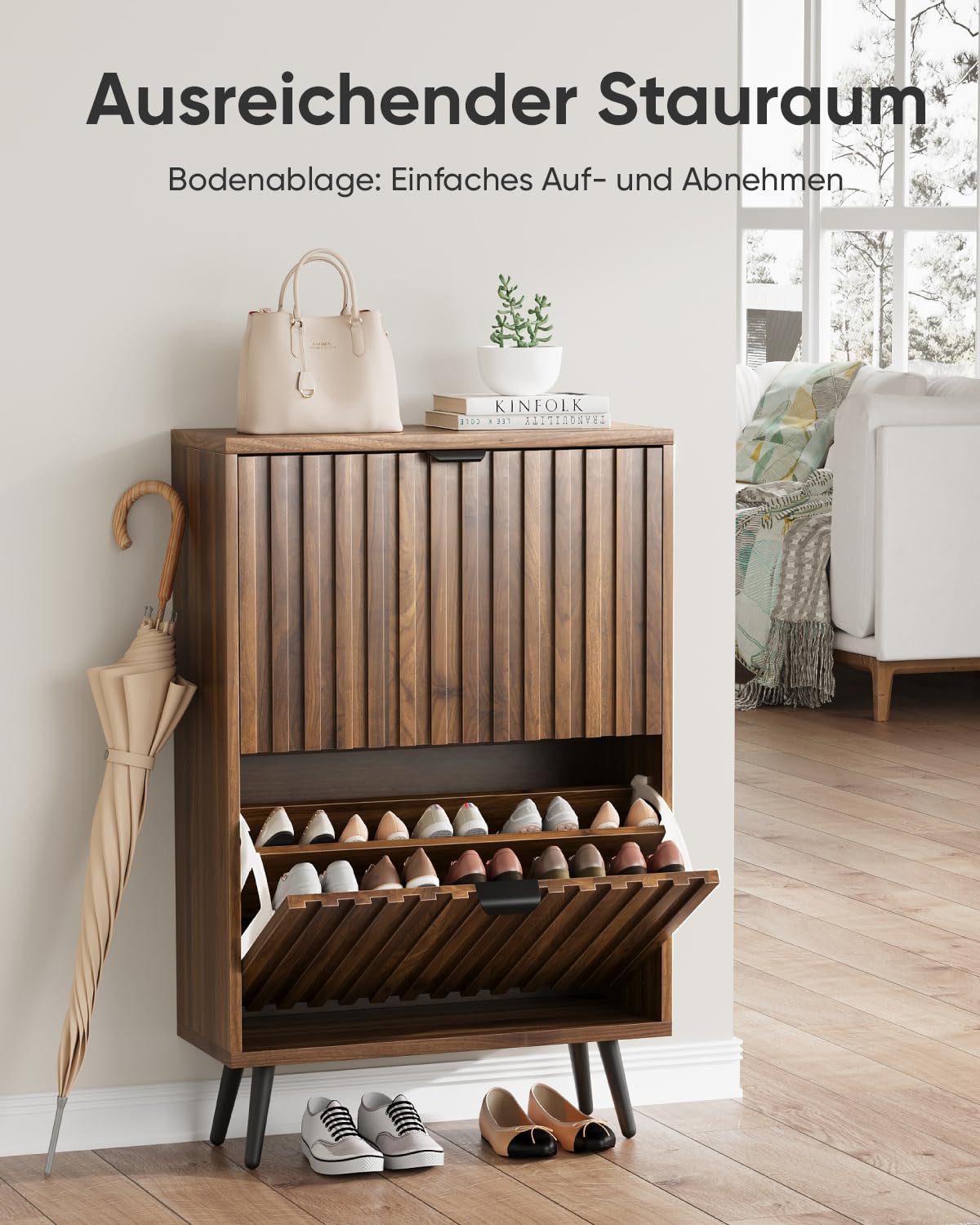 Smart FENDEE Schuhschrank, 60x24x94 cm, Walnussfarbe, 2 Klappen, 4 verstellbare Fächer, für 8-12 Paar Schuhe