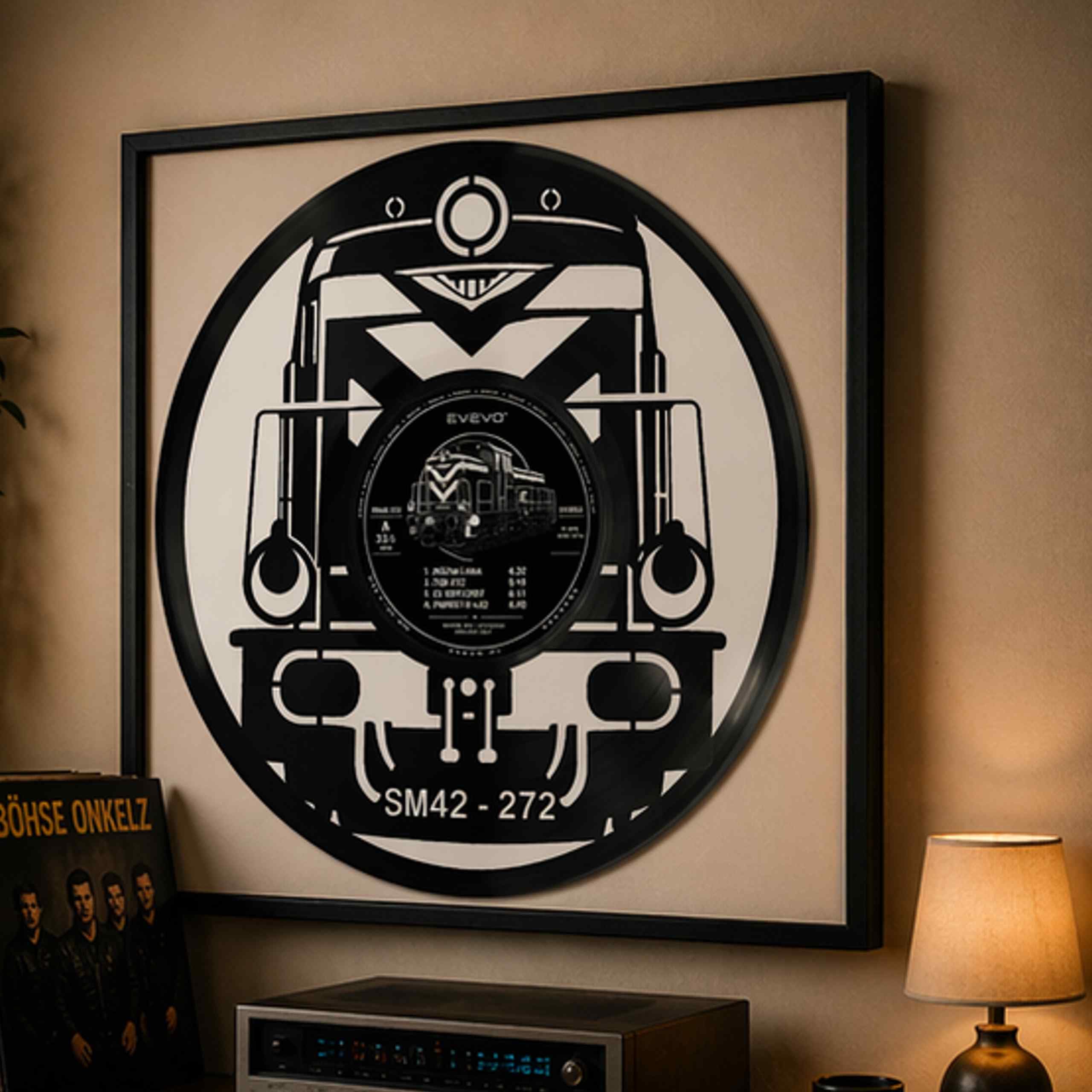 EVEVO Decorazione da parete in vinile con cornice, 32 x 32 cm, treno, decorazione da parete in vinile, motivo: loco a vapore, regalo per appassionati e collezionisti di ferrovie