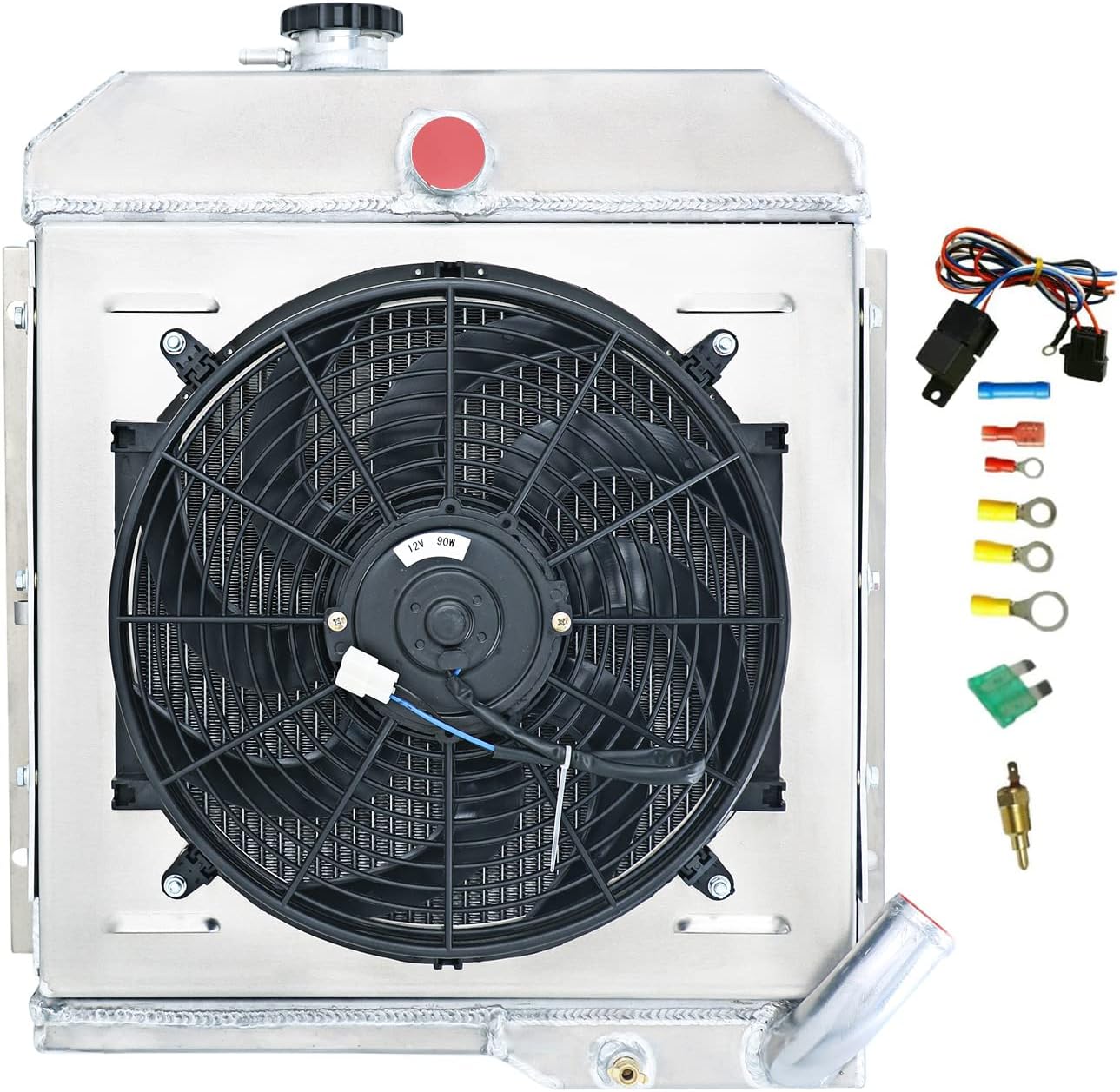 Aluminum Radiator for 1965-1971 Jeep CJ5 CJ6 DJ5 DJ6 Buick 225 V6 3 Row Radiators with Electric Fan Shroud Thermostat Kit 1966 1967 1968 1969 1970