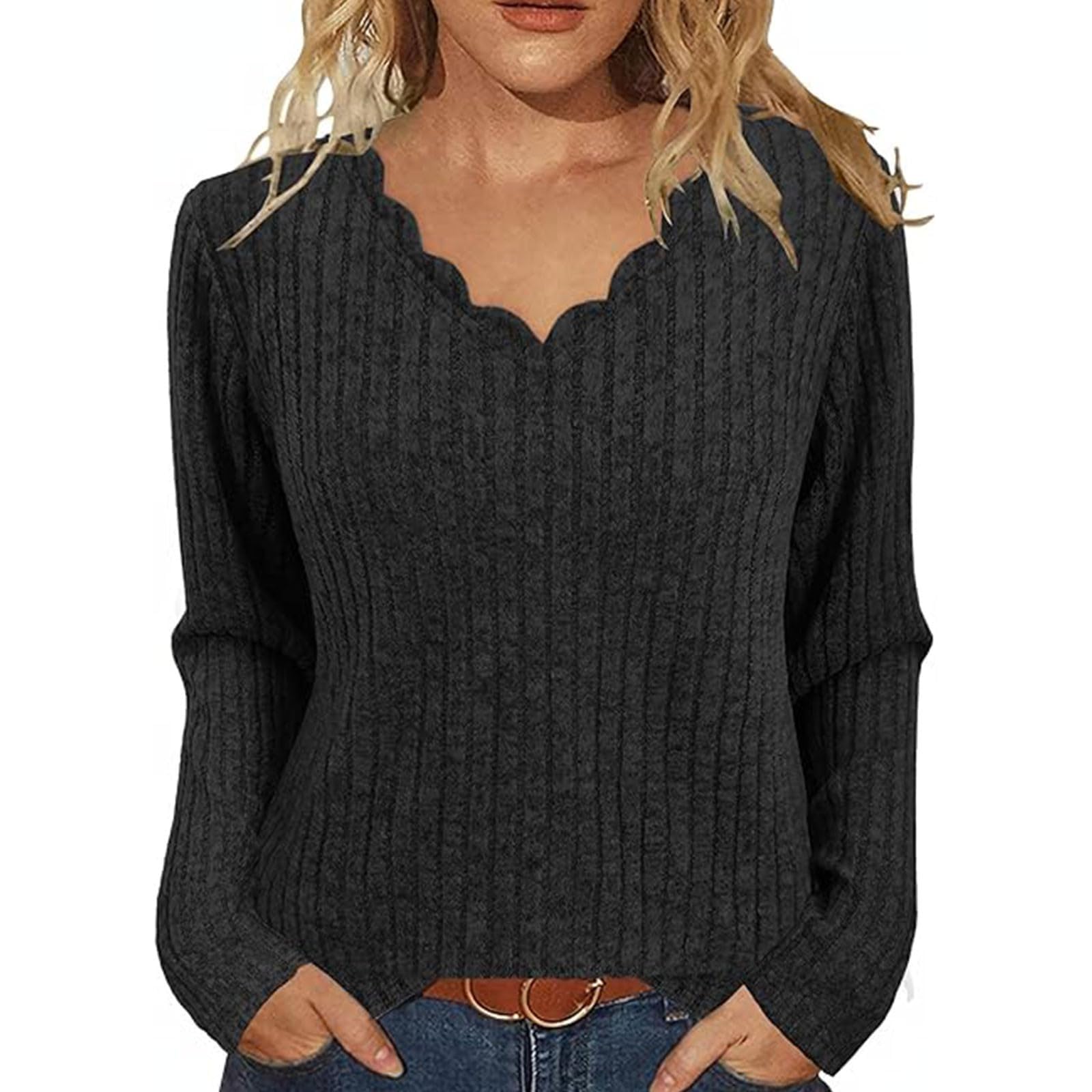 Sweaters for Women Sweaters Casual Long Sleeve Scalloped Trim V Neck Lightweight Ribbed Knit Shirts Pullover Sweater Tops