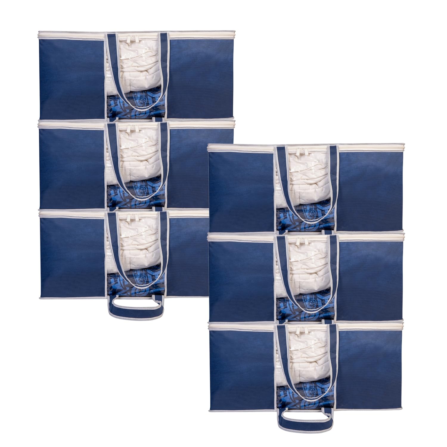 HomeStrap Non-Woven Set Of 6 Underbed Storage Organizer with Transparent Window & Front Handle | Storage bag with smooth zip Wardrobe Clothes Organizer (Navy Blue)