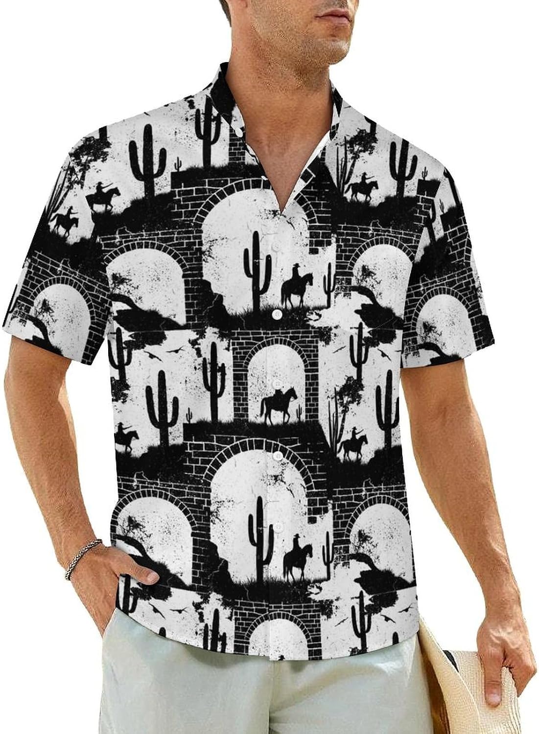 Men's Shirt Stand Up Collar Shirts Wrinkle Free Casual Short Sleeve Button Down Shirts Pocket
