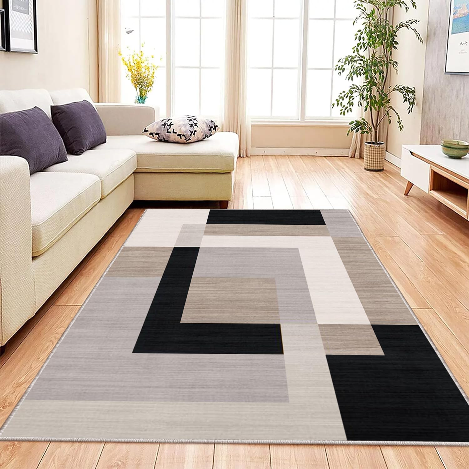 Aspire Homeware Rugs for Living room Bedroom Entryway Doormat 60x110 cm – Easy to Clean Soft Bedside Rug – Crawling kids Playmat Anti-Slip Backing Short Pile Black and Cream Rugs (Milo Neutral)