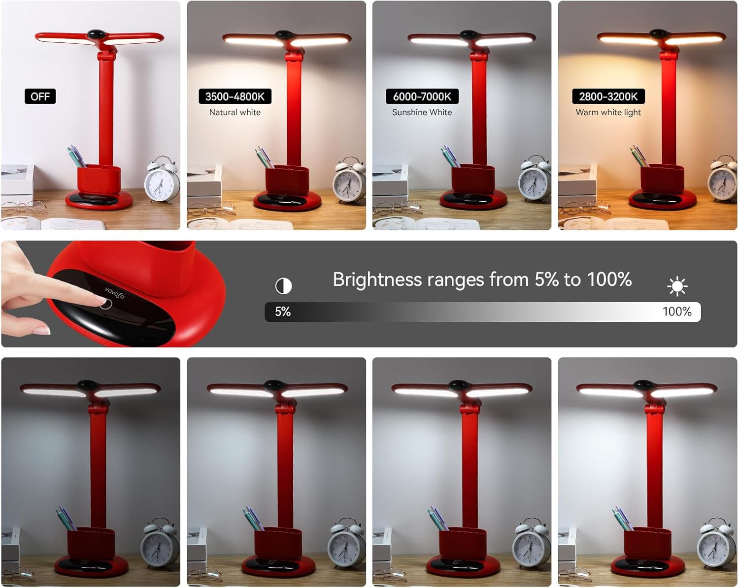 VAVOFO Wireless LED Desk Lamp 6785-Touch Control, 2700-7000K Adjustable Color Temperature, 700 Lumens, Dual-Head Design, Pen Holder, USB-C Charging, 2400mAh Battery, 2.5hrs Wireless Use