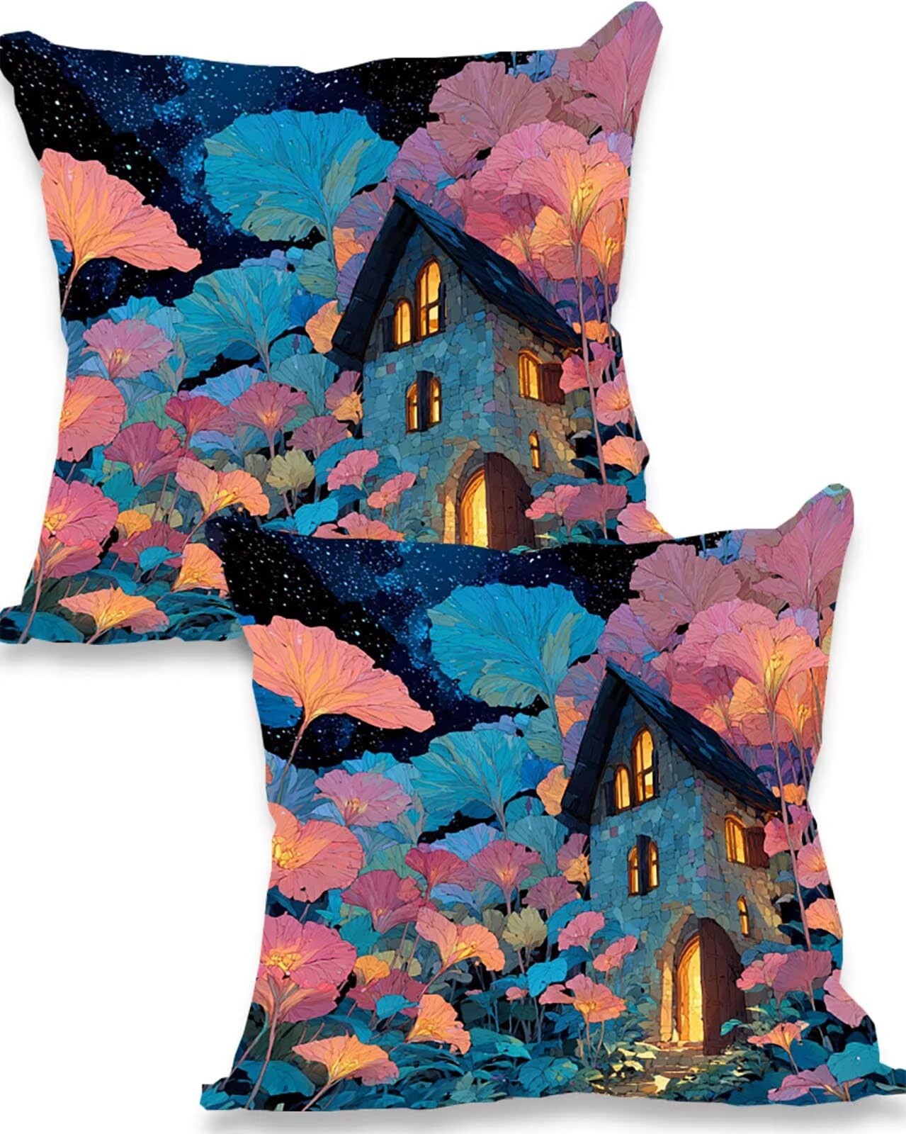 Housses de coussin décoratives en lin motif paysage forêt taie oreiller 65x65cm lot de 2