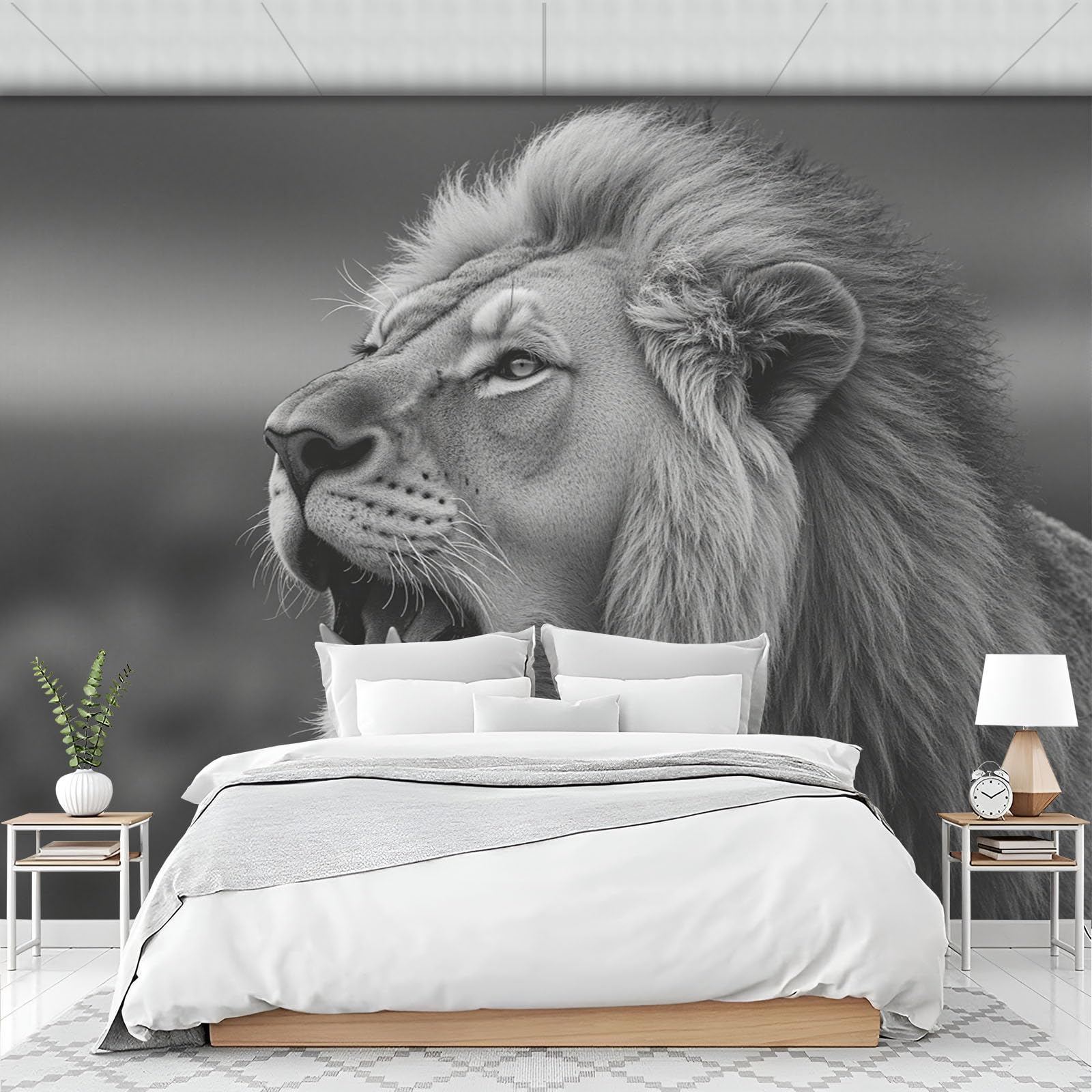 Papier peint panoramique lion féroce de la savane photo poster 200x140cm gris