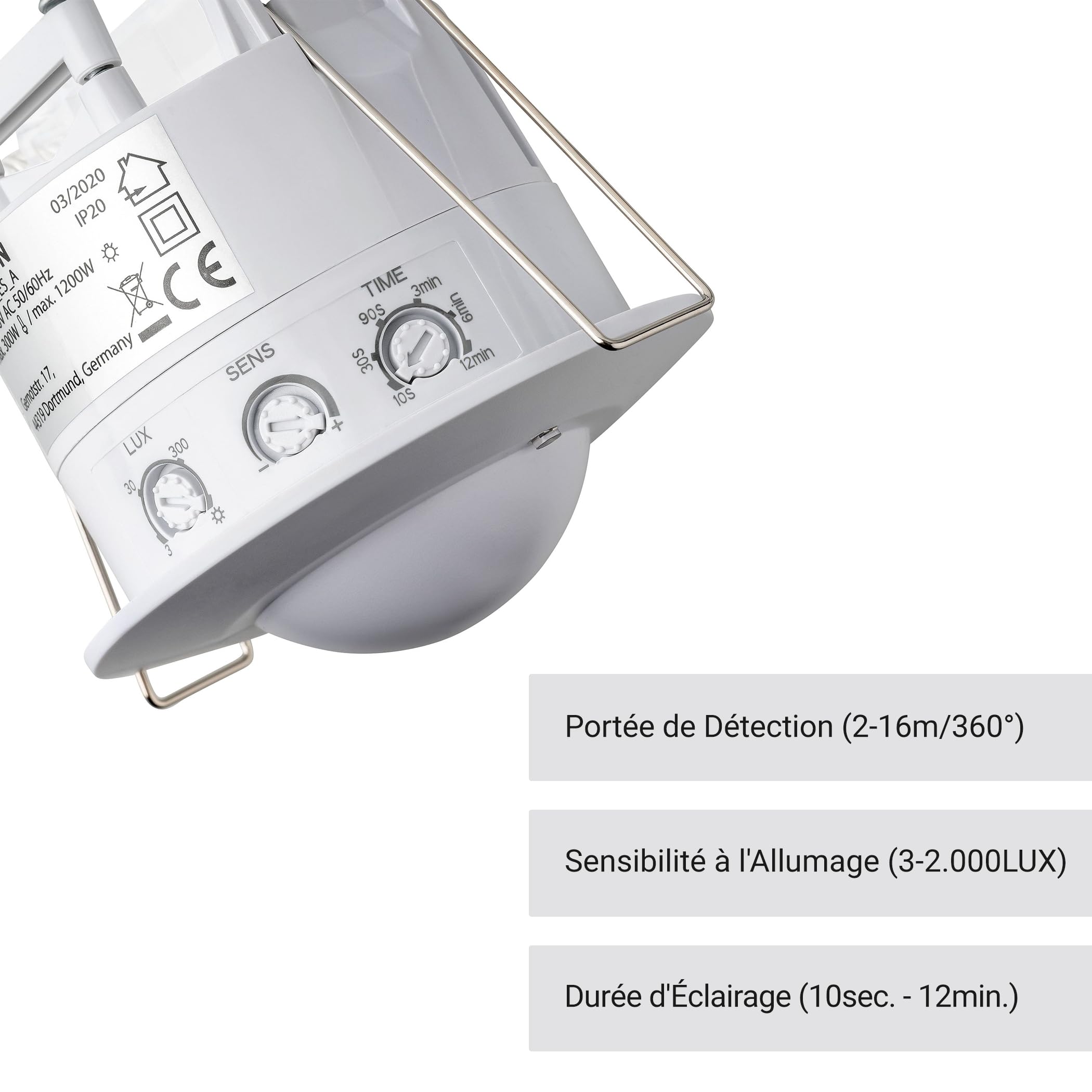 SEBSON 2X Détecteur de Mouvement Intérieur | Montage Encastré au Plafond, HF Capteur, LED Compatible, Programmable, Portée 2-16m/ 360°, Max, 1200W/ 300W