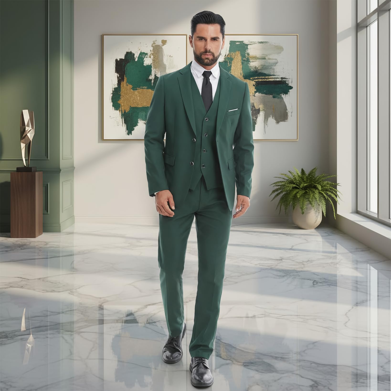 MODFUL Costume 3 pièces pour homme, coupe ajustée, deux boutons, smoking, blazer, gilet, pantalon, ensemble de mariage