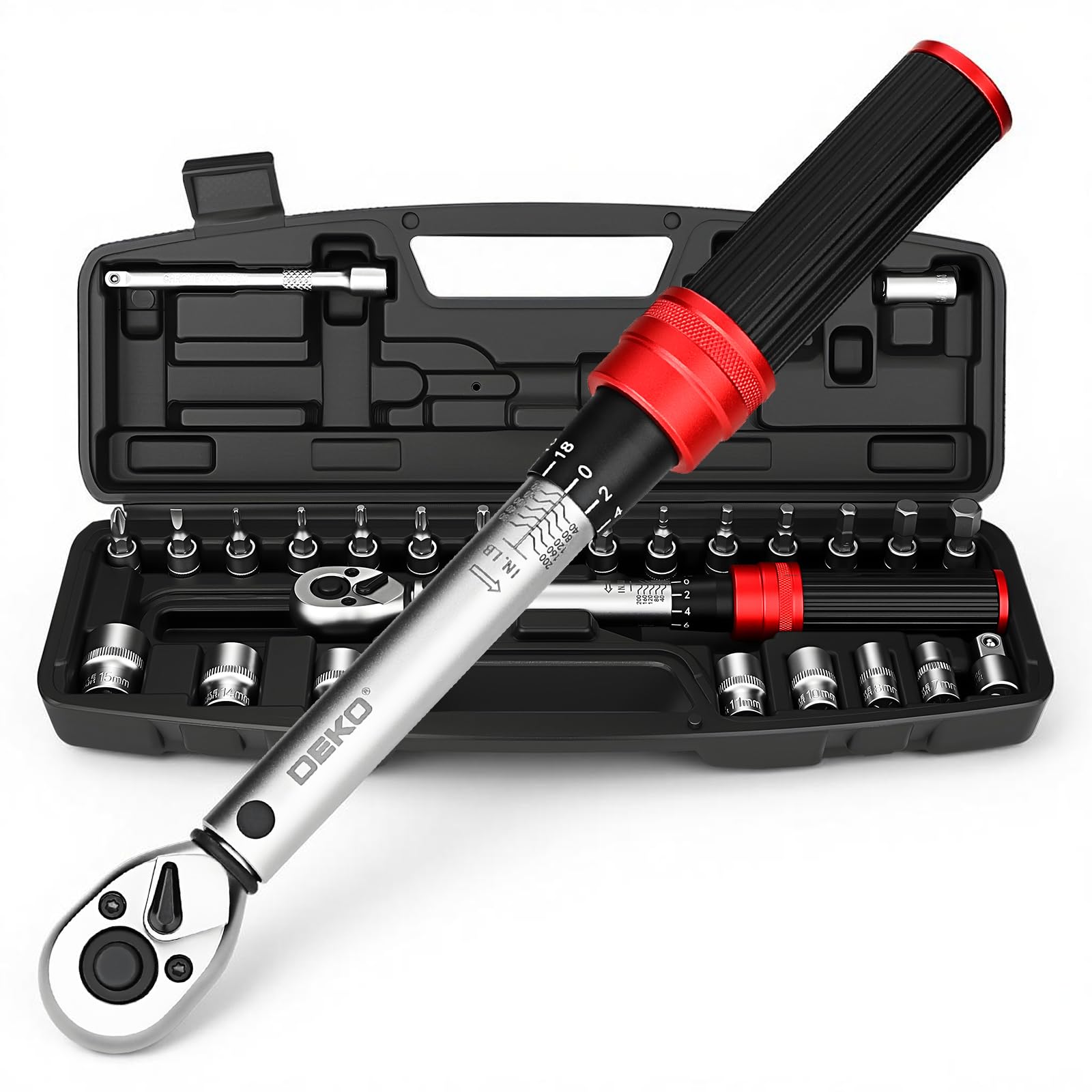 DEKOPRO 26PCS Juego de Llaves Dinamométricas para Bicicleta 2.3-22.2 Nm, Llave Dinamométrica 1/4", Precisión ±3%, 72 Dientes, Ideal para Bicicleta de Montaña y Reparación - 1