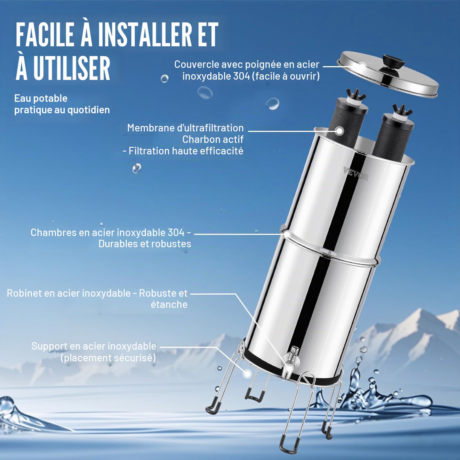 VEVOR Système de Filtration d'Eau par Gravité 8,5 L, Filtre à Eau par Gravité de Comptoir, en Inox 304, Réduction du Plomb et jusqu'à 99% du Chlore, avec 2 Filtres à Charbon, Robinet et Stand