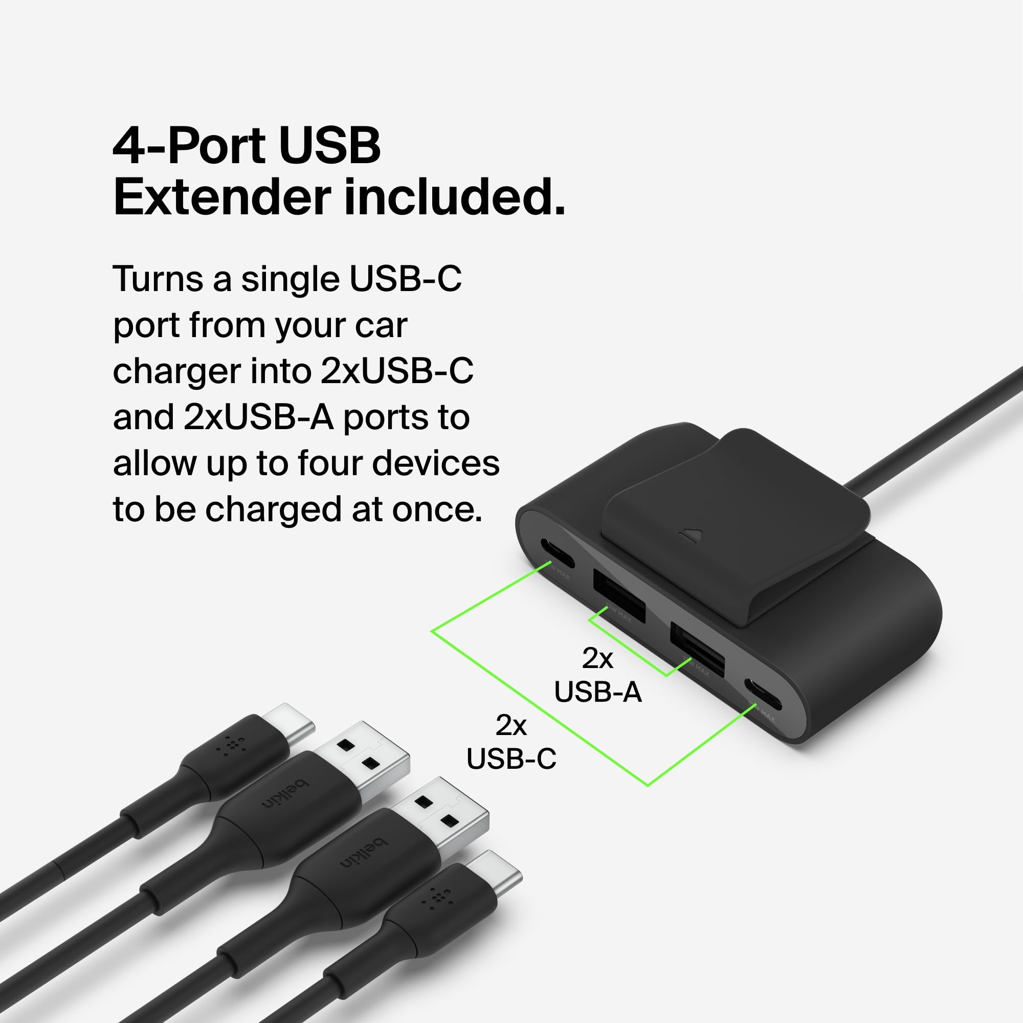 Belkin Boost↑Charge™ Caricabatterie da auto veloce da 30 W, design compatto con porta di erogazione di alimentazione USB-C, prolunga di alimentazione USB a 4 porte, compatibilità universale per iPhone