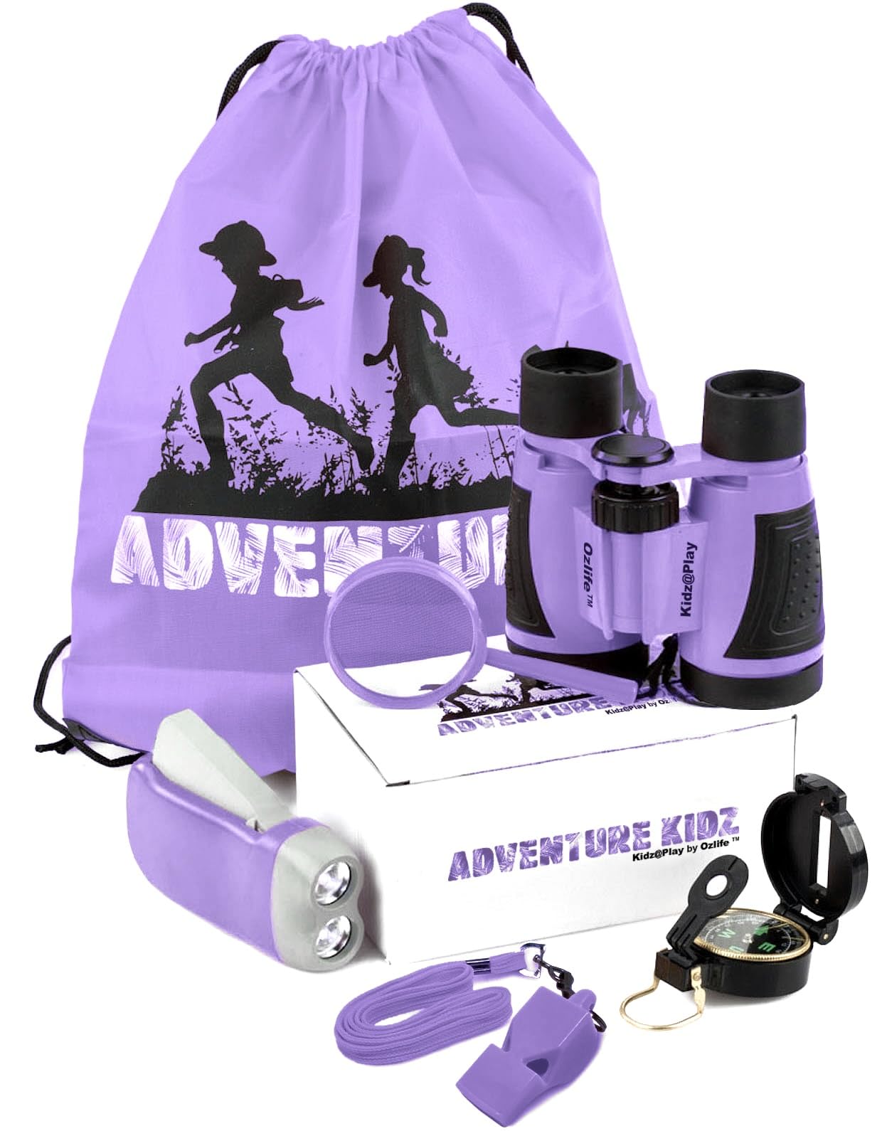 Adventure Kidz Outdoor Exploration Kit, Childrens Binoculars, Flashlight, Compass, Fox Whistle, Magnifying Glass, Backpack. Great Gift Set for STEM, Pretend Play, Ages 3+