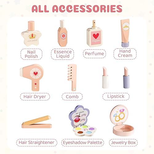 Miniatura 6 de ROBOTIME Juego de tocador para niños con espejo y taburete, mesa de maquillaje rosa de madera con 11 accesorios, tocador de belleza con espejos,
