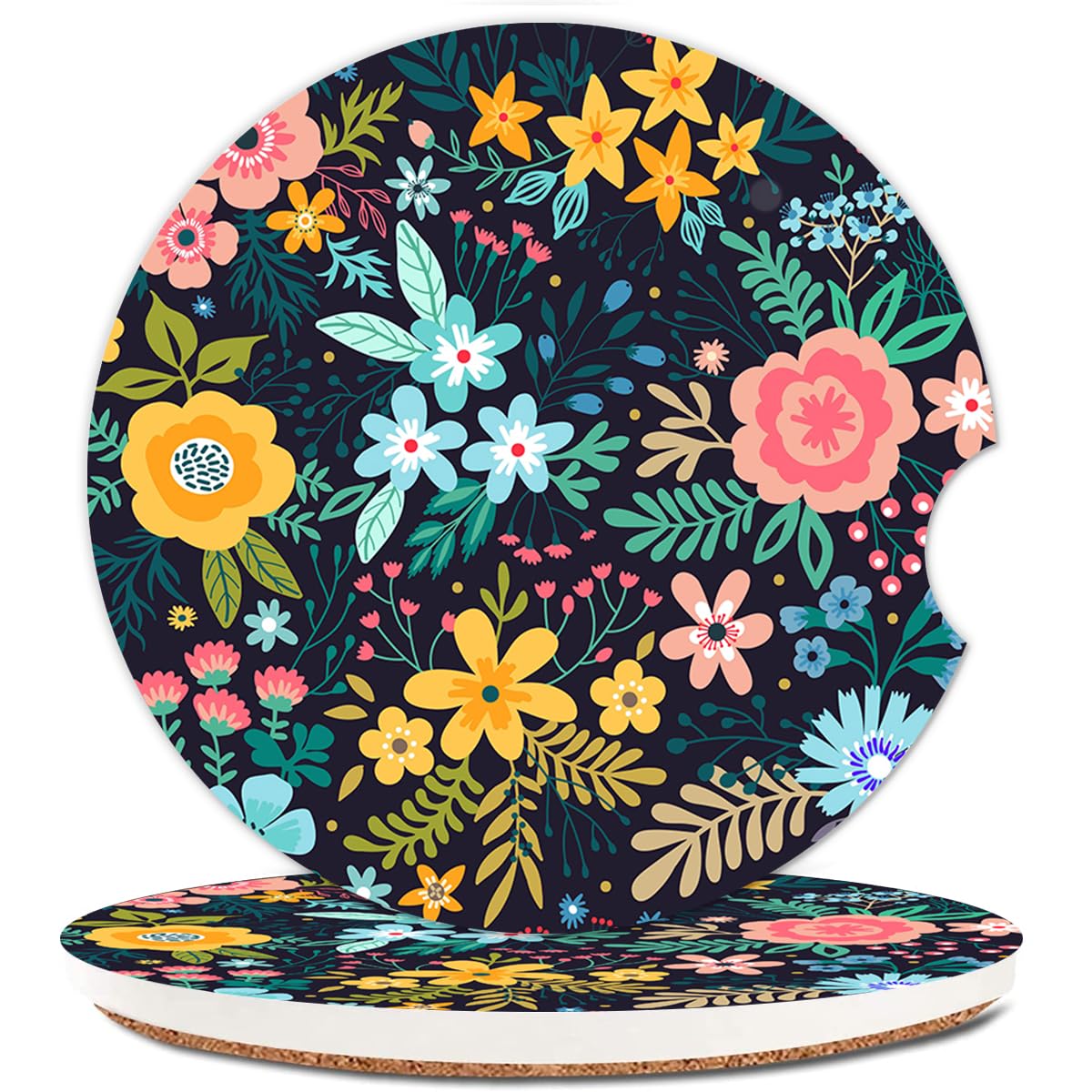 Ceramic Cup Holders Car Coasters for Women/Men,Elegant Flower Absorbent Drink Cup Car Holder Coasters with A Finger Notch 2.56" Pack of 2, Bright Colorful Florals