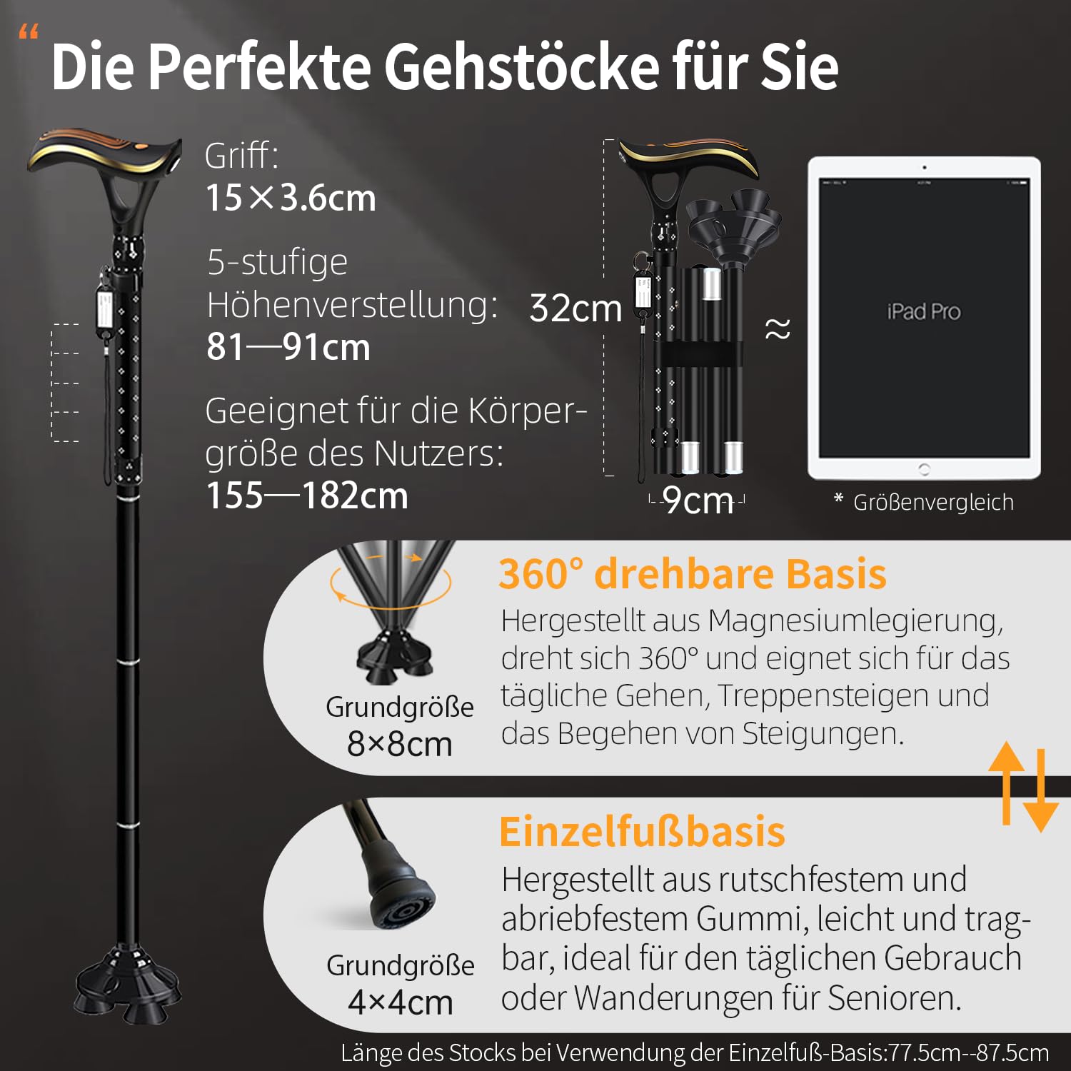 Faltbarer Gehstock, multifunktionaler Gehstock mit Licht, modische Gehstöcke für Damen und Herren, verstellbare Gehstöcke für Senioren, USB-Direktladung, leicht und tragbar