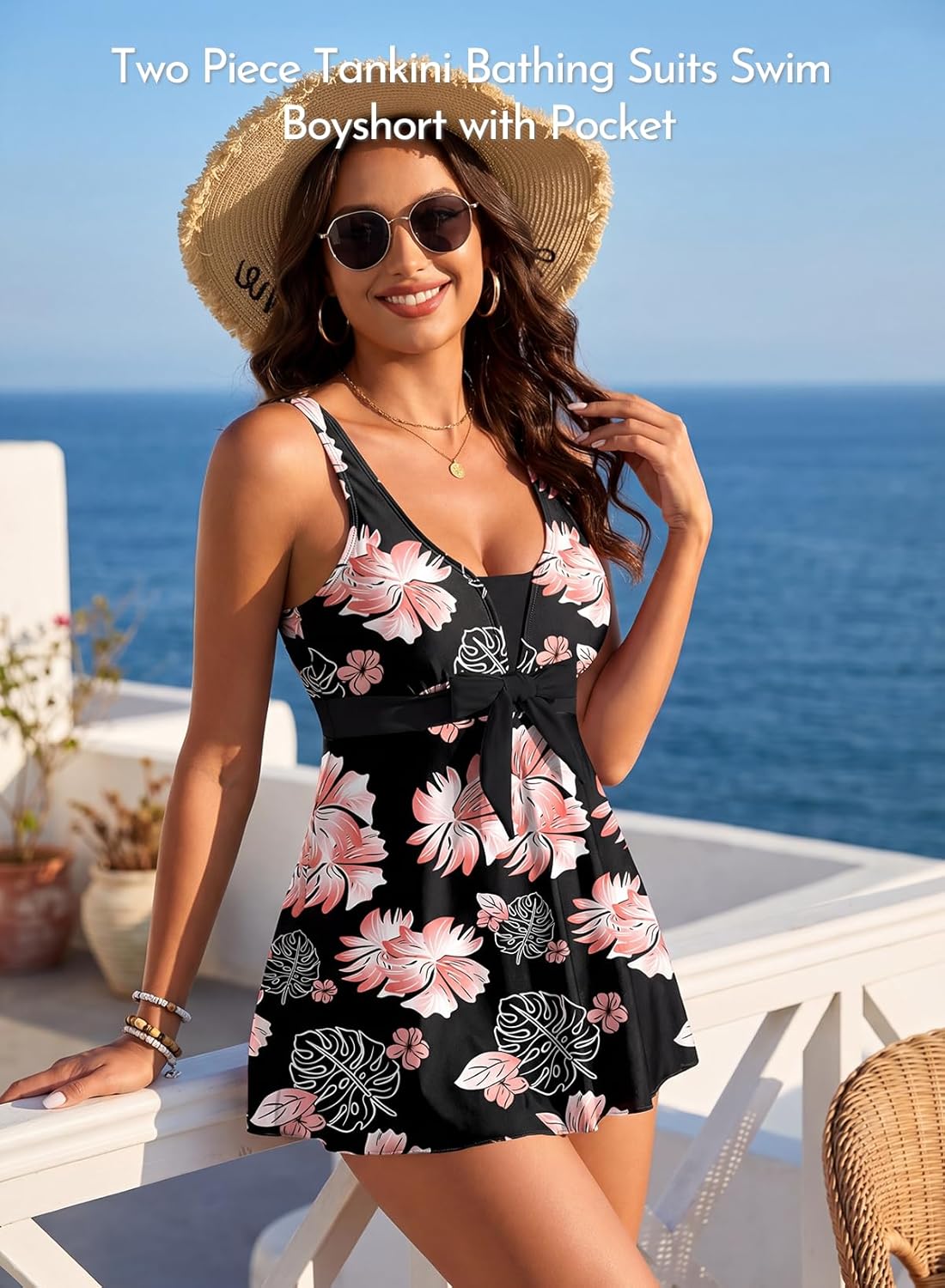 Aleumdr Women Printed Two Piece Tankini Swimsuits Tummy Control Swim Dress High Waisted Boyshort with Pockets