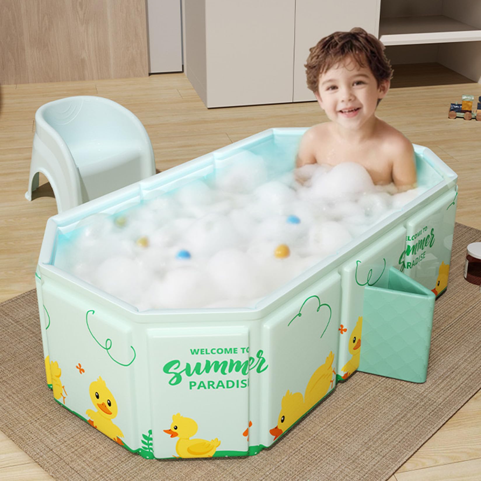 Bañera plegable para bebés 30.7x17.7x11.8 pulgadas de bañera de bebé plegable con doble desagüe y soporte de pies de plástico portátil para niños de 0 a 8 años