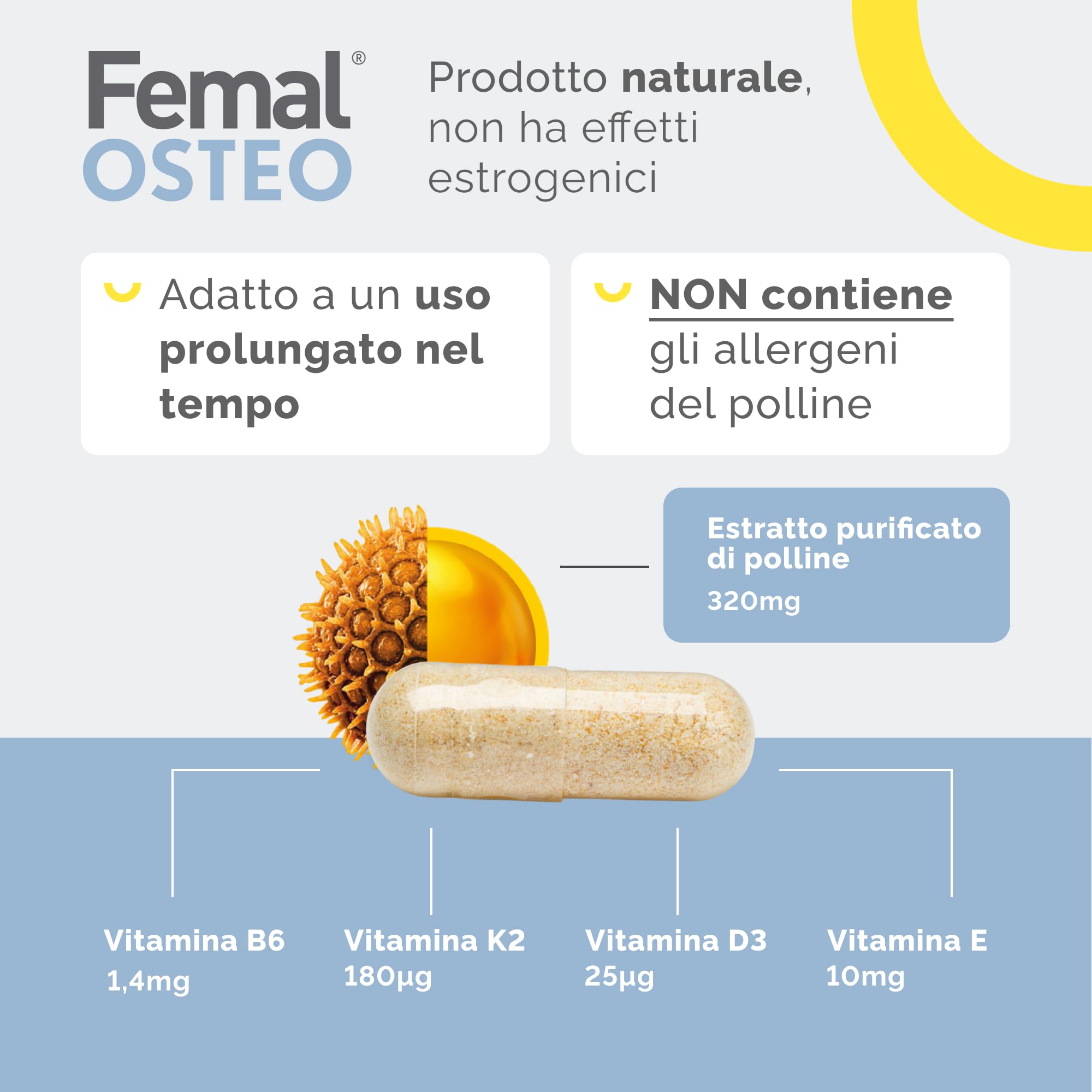Femal Osteo Menopausa, Integratore Non Ormonale per Ossa Sane 30 Capsule | Integratore Alimentare, Naturale, Non Ormonale per Ossa Sane e Vitalità, Estratto di Polline, Vitamina D3, K2, B6 e E