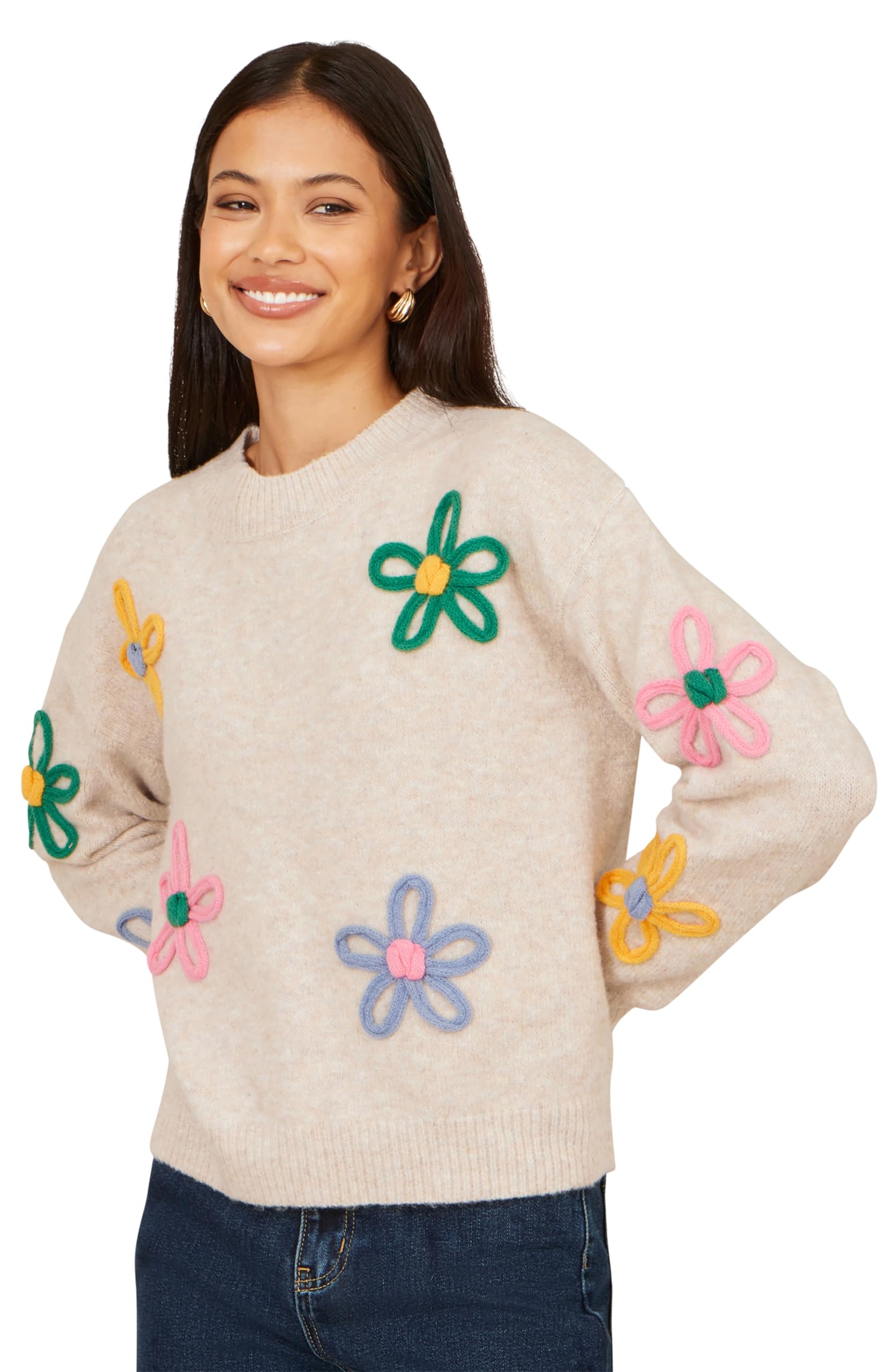 Yumi Women's Grey Oatmeal Relaxed Flower Embroidered Jumper (Uk, Alpha, L, Regular, Regular, )