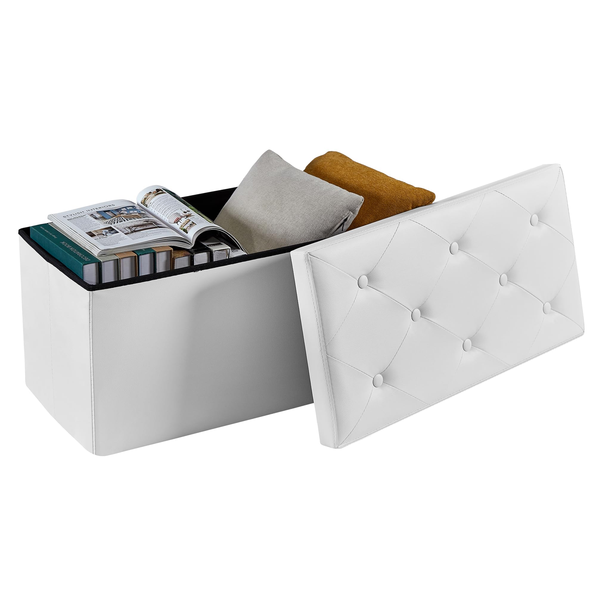 VECELO 30'' Folding Storage Ottoman Bench- Versatile Shoestool & Footstool, Bedroom Bench with Storage, Storage Chest for Living Room, Utility Room, Hallway,Holds up to 660 lb, Easy to Assemble, White