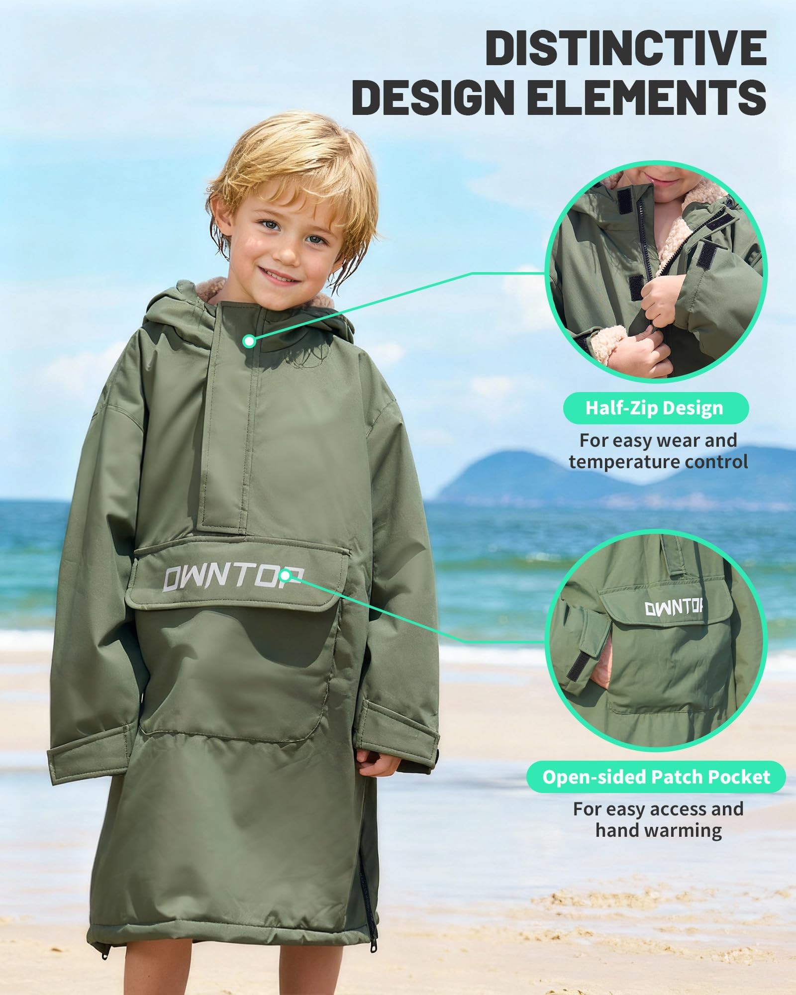 Owntop Cappotto Avvolgente Impermeabile per Adulti e Bambini - Cappotto semizipper Oversize Antivento con Fodera in Peluche Sherpa, Poncho Surf Ideale per cambiarsi e asciugarsi Dopo Spiaggia