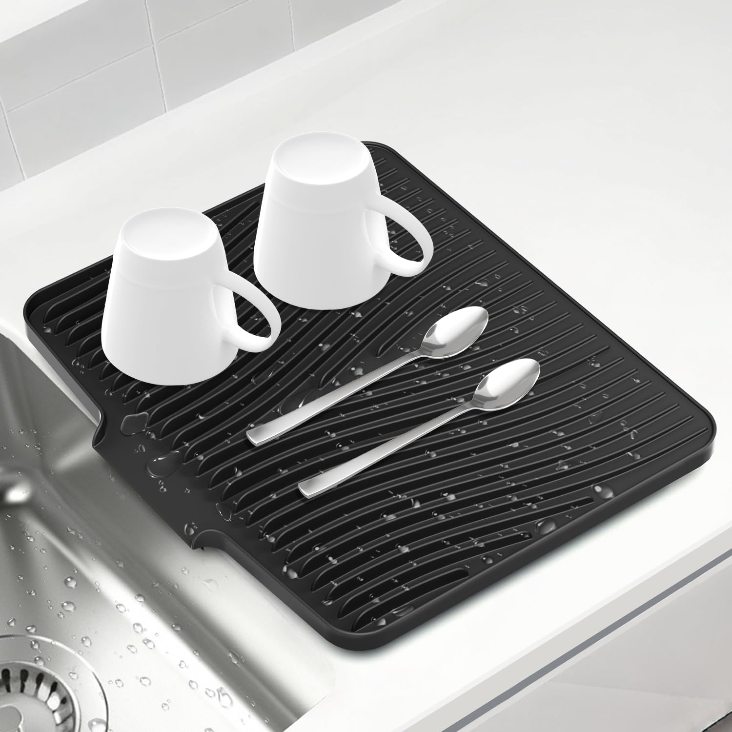 Silicone Dish Drying Mat for Kitchen Counter, 15.8" x 13"Dish Drying Pad, Non-Slip Drain Pad with Built-in Drain, Heat Resistant Stone Drying Mat, Black